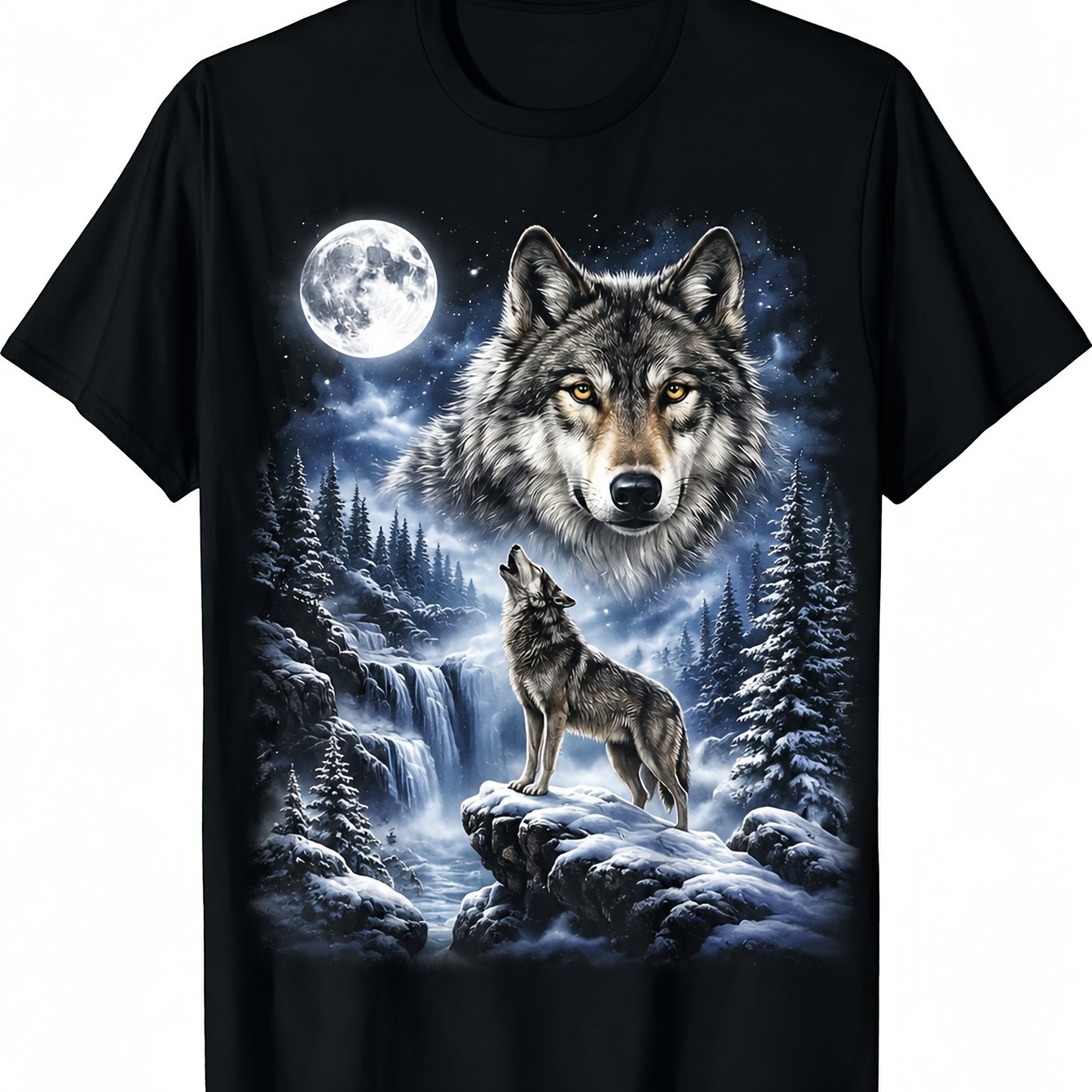 TEMU Men's Retro Wolf & Moon Fantasy T-shirt - Wolf Moon Graphic, Round Neck Regular Fit Casual Tee Suitable For - Wear, Themed Events & Everyday