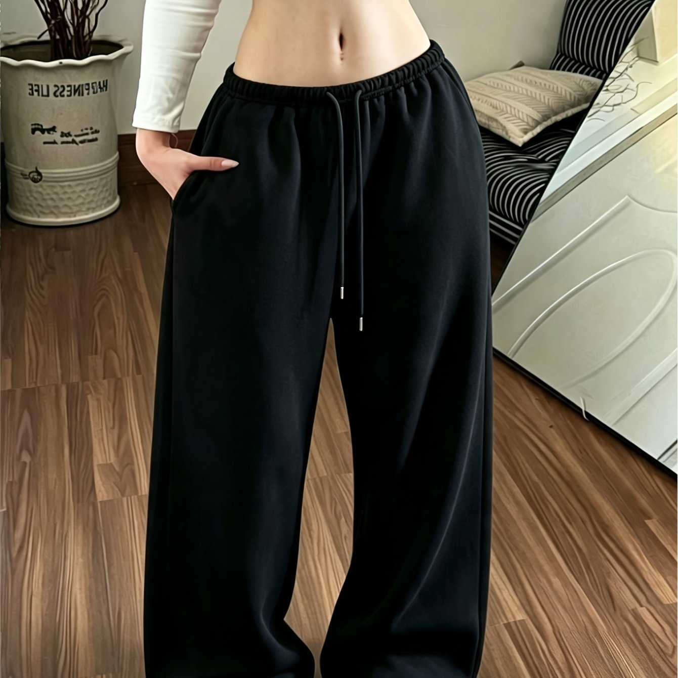 TEMU 1 pantalon long d'automne-hiver pour femmes, doublé en polaire, design tendance et facile à , toutes les tenues, décontracté et ample, sweat ,