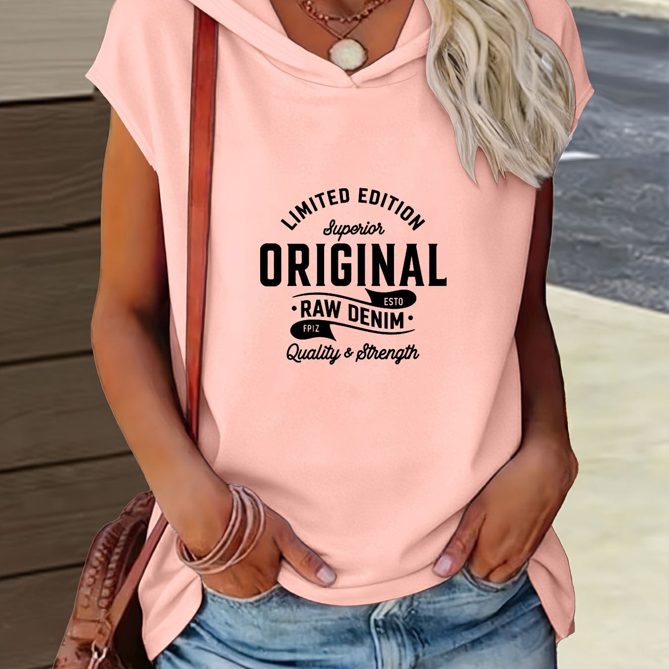 TEMU [printed Pants - Not Denim Fabric] Edition Denim Print T-shirt - Casual Short Sleeve Hooded Top, Lightweight Breathable Pullover, Loose Fit