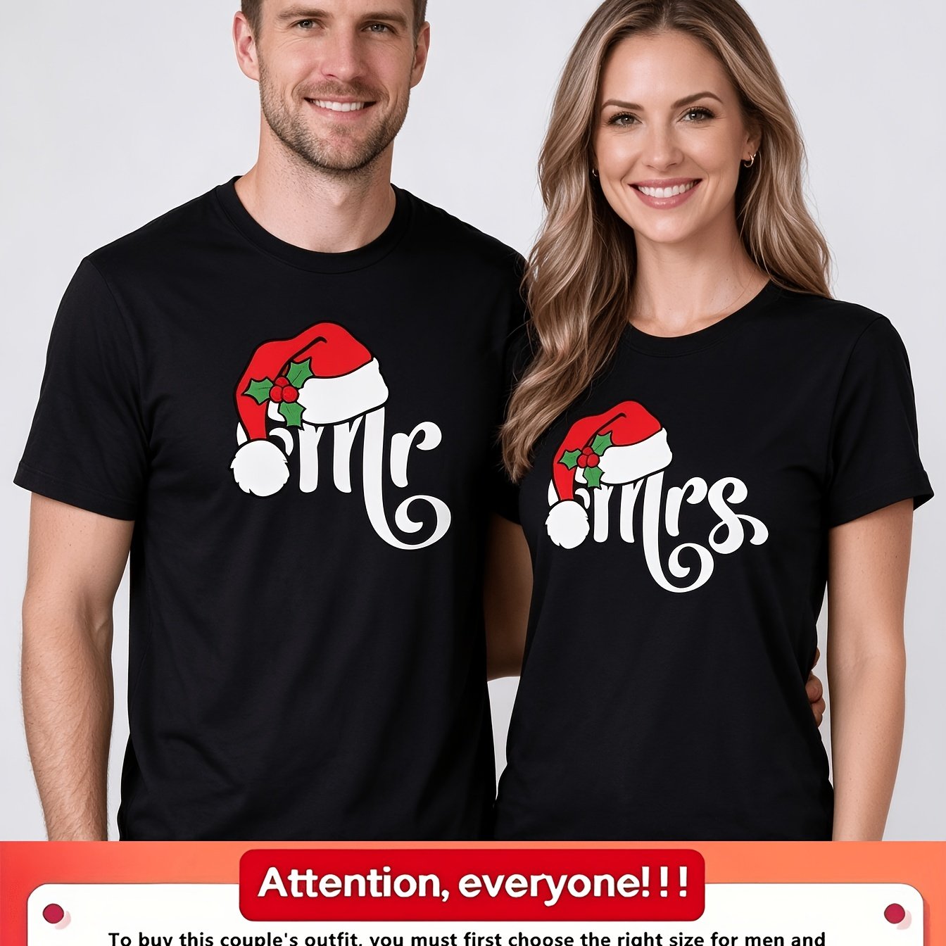 Image of 1pc Merry Christmas, Mr Mrs Matching Christmas T-shirts - Santa Hat Design, Cotton Casual Tees For Couples, Gift