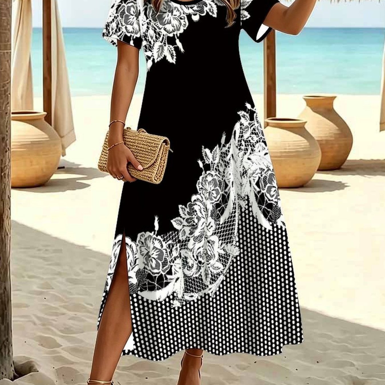 Plus Size, Plus Size Women's Summer Fashion Dress, Casual With Tiny Botanical Floral Print, Crew Neck Short Sleeve Split Hem Elegant Dress.