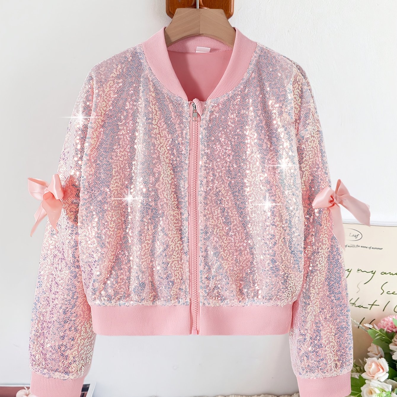 Image of Girls' Fashion Trendy Intricate Iridescent Bead Embellishment 3d Bow Long Sleeve Zipper Baseball Jacket