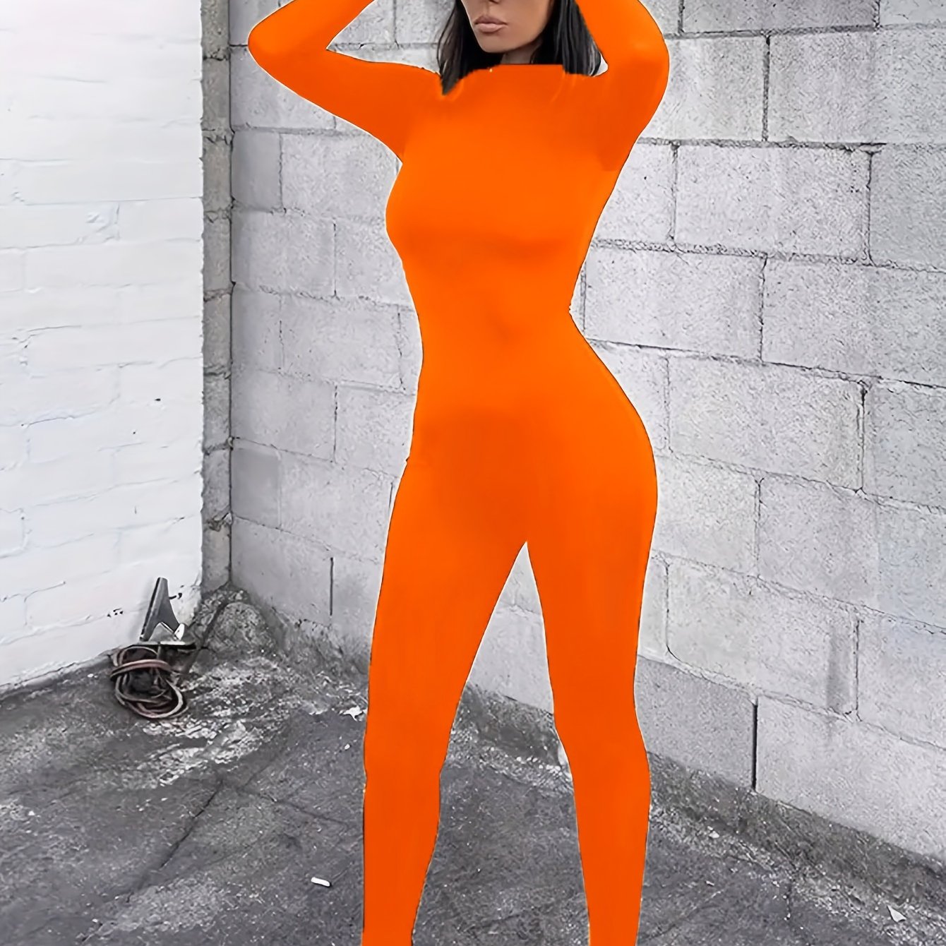 Solid Zip Long Sleeve Bodycon Nightclub Jumpsuit Sexy Long - Temu Canada