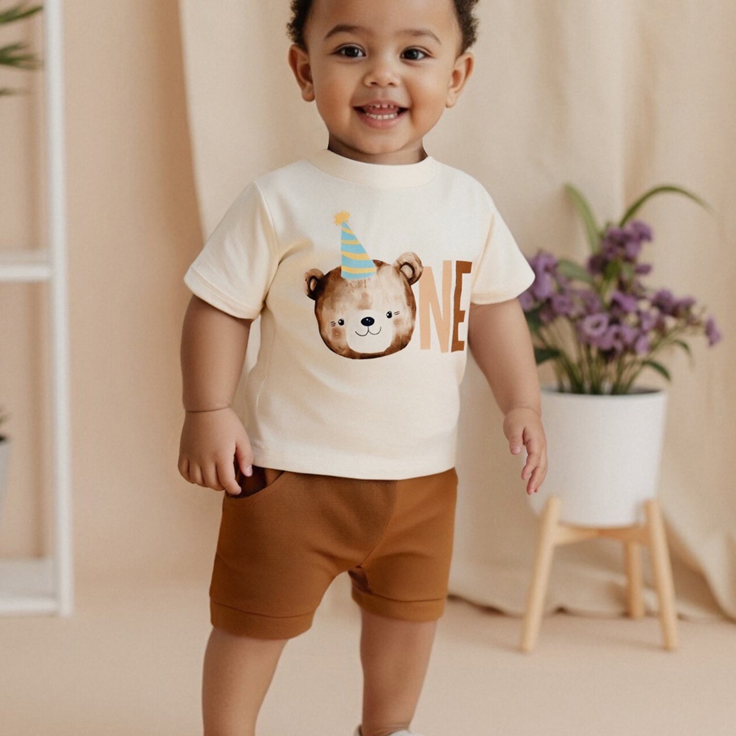 Image of Toddler Boy Birthday Shorts Set, Short-sleeved Round Neck Letter Bear Print Top And Drawstring Shorts 2pcs Set, Perfect For Outdoor