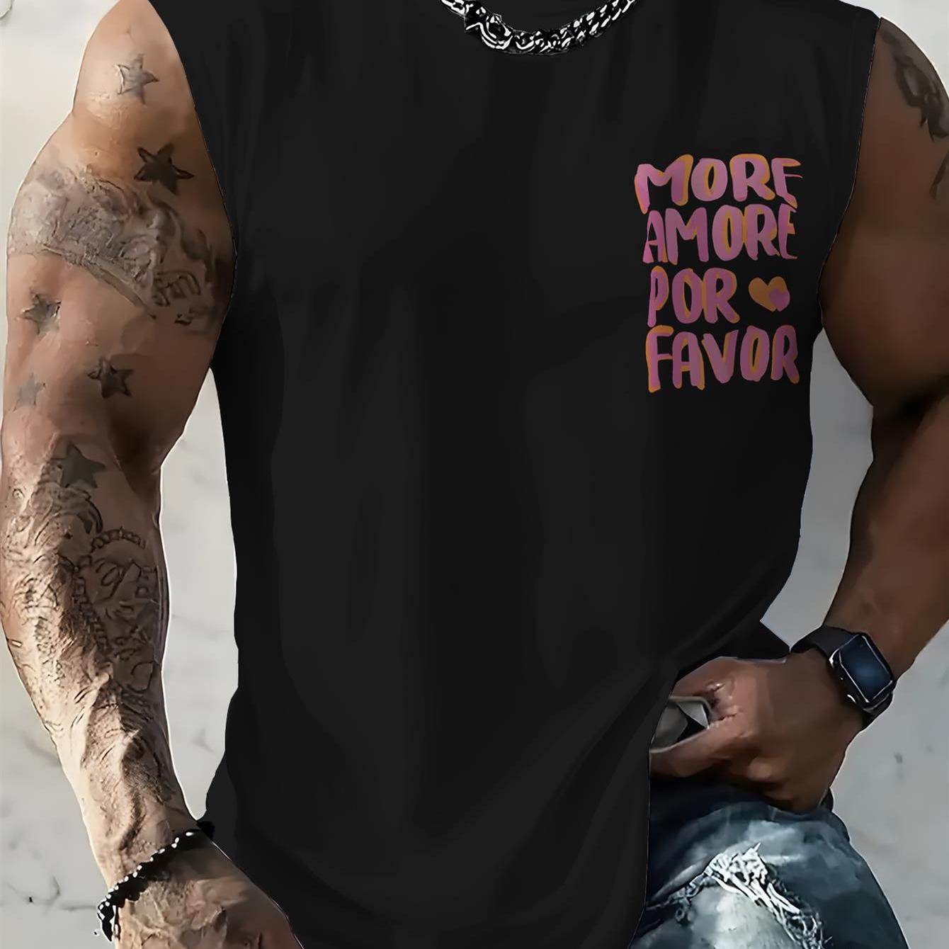 TEMU Men's Casual Tank Top With "more Amore " Lettering And Heart Pattern, Suitable For Gym Workouts, Bodybuilding Training, And Summer Casual Daily