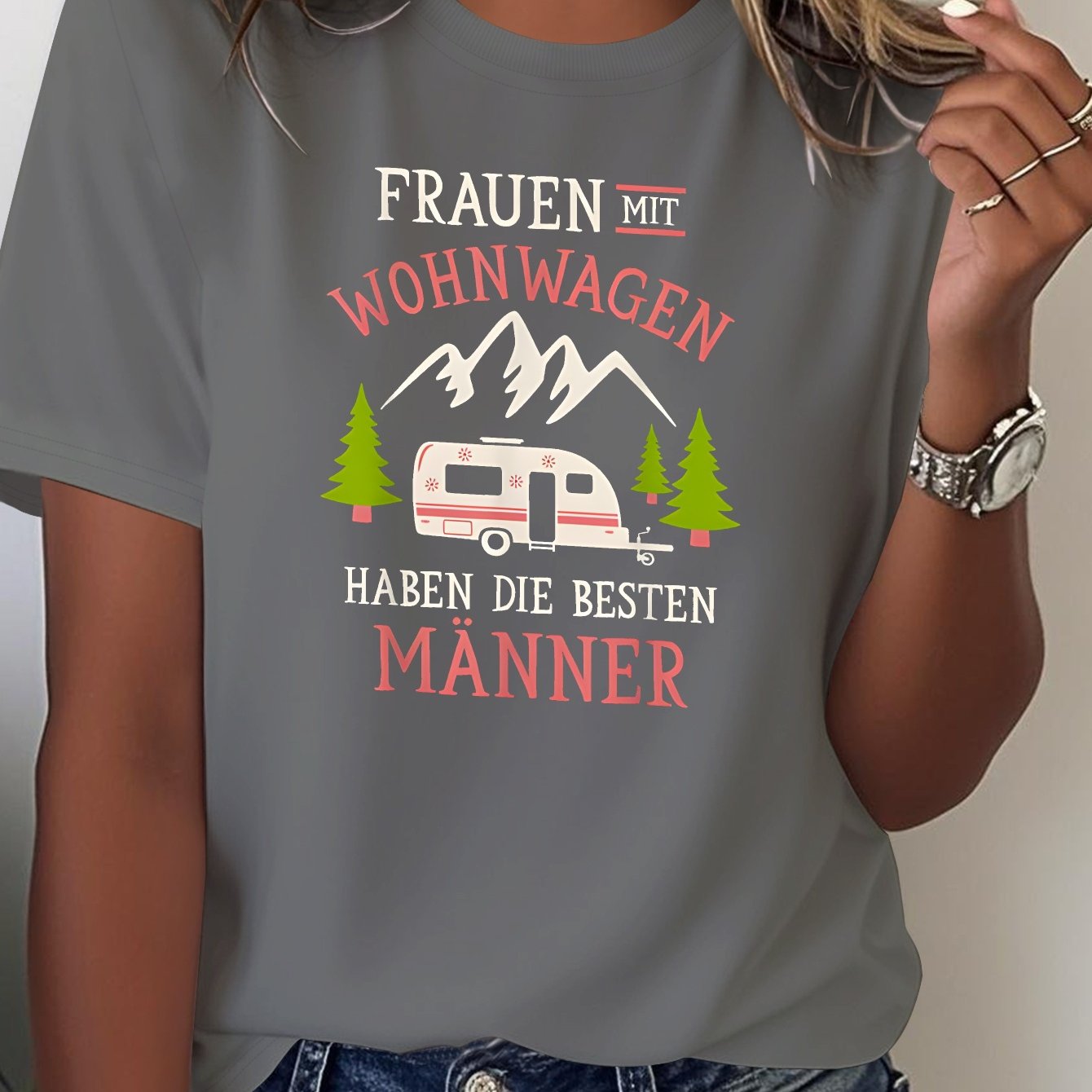Image of Women's German Camping T-shirt - Short Sleeve Top With Rv & Outdoor Adventure, Casual - For, Travel & Rv Trips - Machine Washable German-themed Apparel