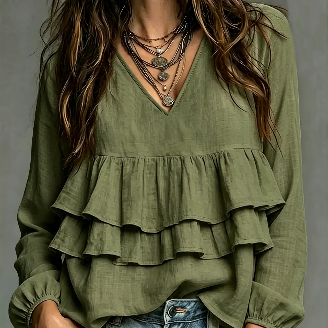 TEMU Chemise de plage style bohème avec décolleté en V, ourlet à volants superposés, manches longues, coupe et fluide, pour camping, sorties et tenue