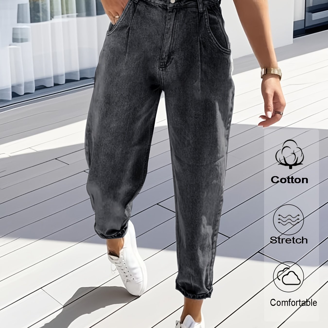 Image of Dingdi's Women's Stretch Denim Tapered Pants - Vintage Washed Black Trousers With Slant Pocket, Classic Tapered Suitable For All- Wear, Machine Washable Jeans For Casual, Office & Outdoor Activities