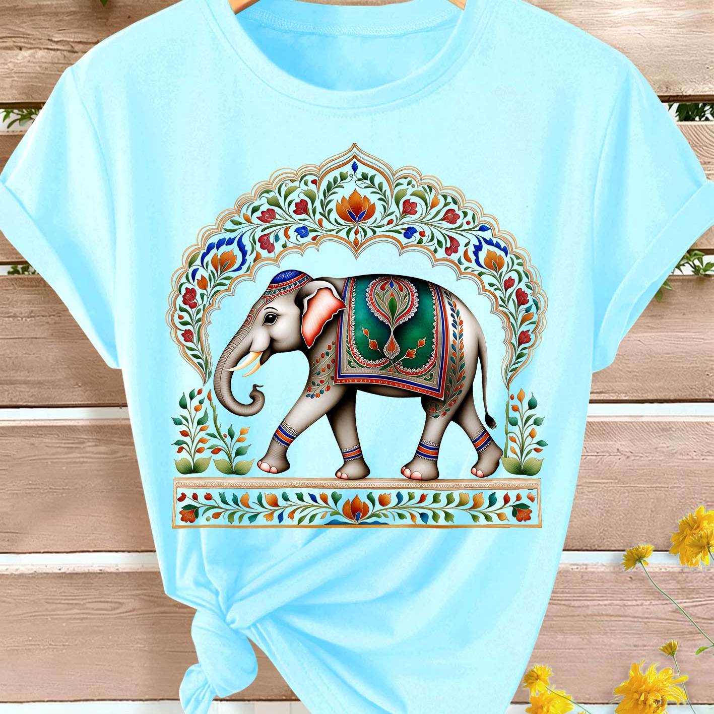 TEMU Summer New Women's T-shirt, Arch Flower Embellishment Elephant Print, Casual Outing Vacation Summer Outing Outfit, Spring Summer Fall Elegant