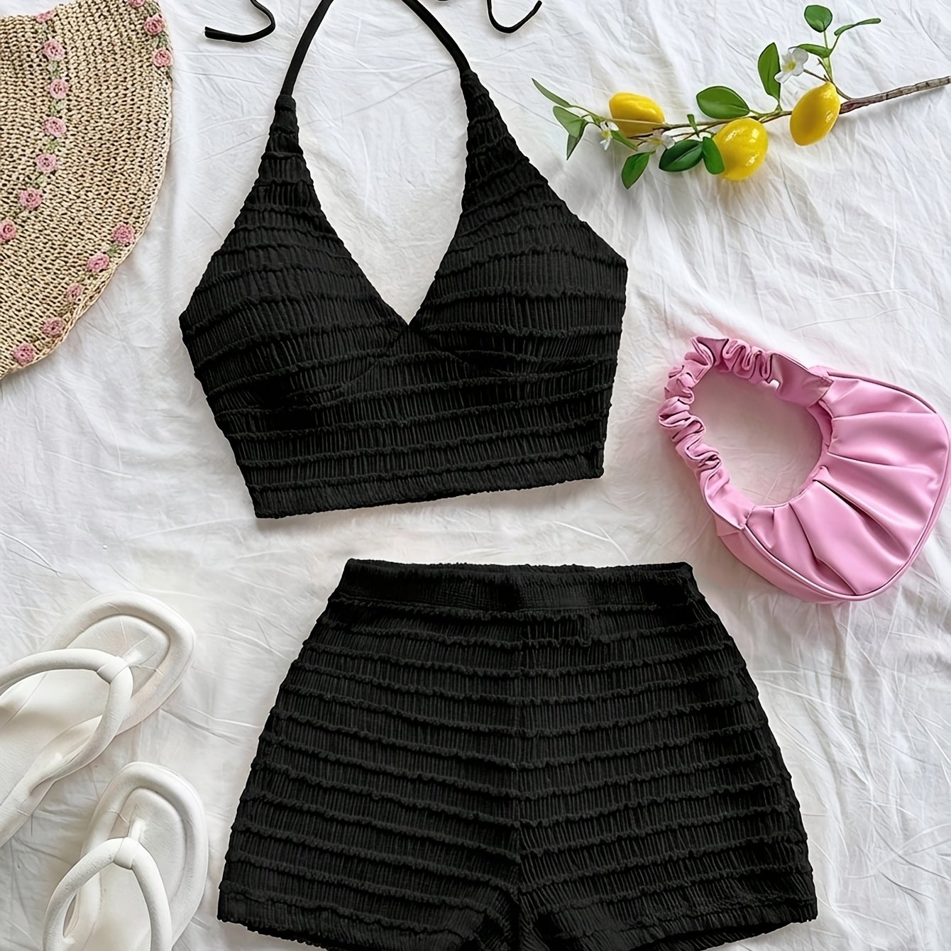 TEMU Women's Casual Cami Top And Shorts Set, Solid Color Short Shorts With Tie-back Off-shoulder Cami Top Set, Suitable For Beach, Vacation, Dating,