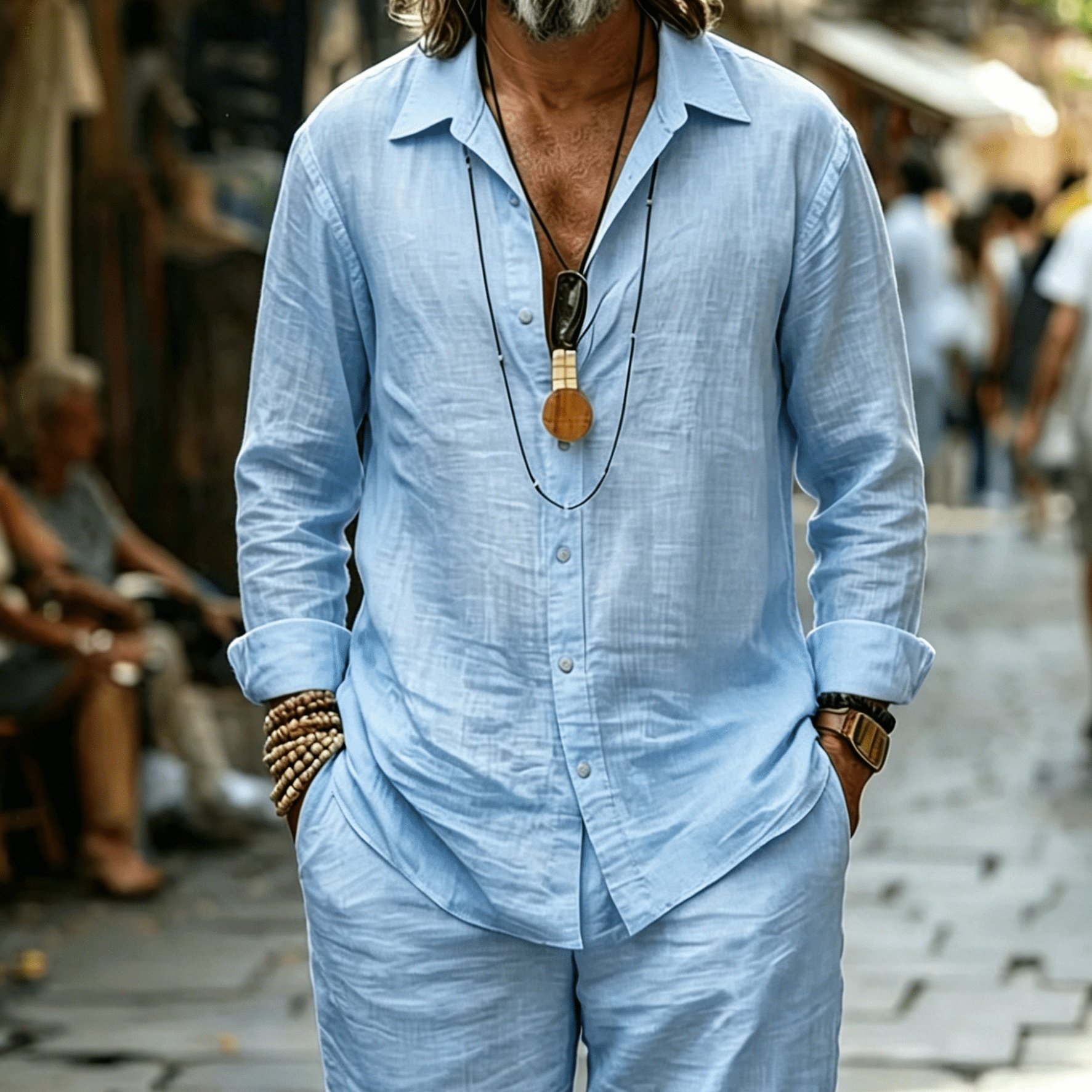 TEMU Men's Linen Long-sleeve Shirt And Shorts 2pcs Set, Loose-fitting Breathable Vacation Casual -linen Outfit, Vintage Relaxed Style For Middle-aged