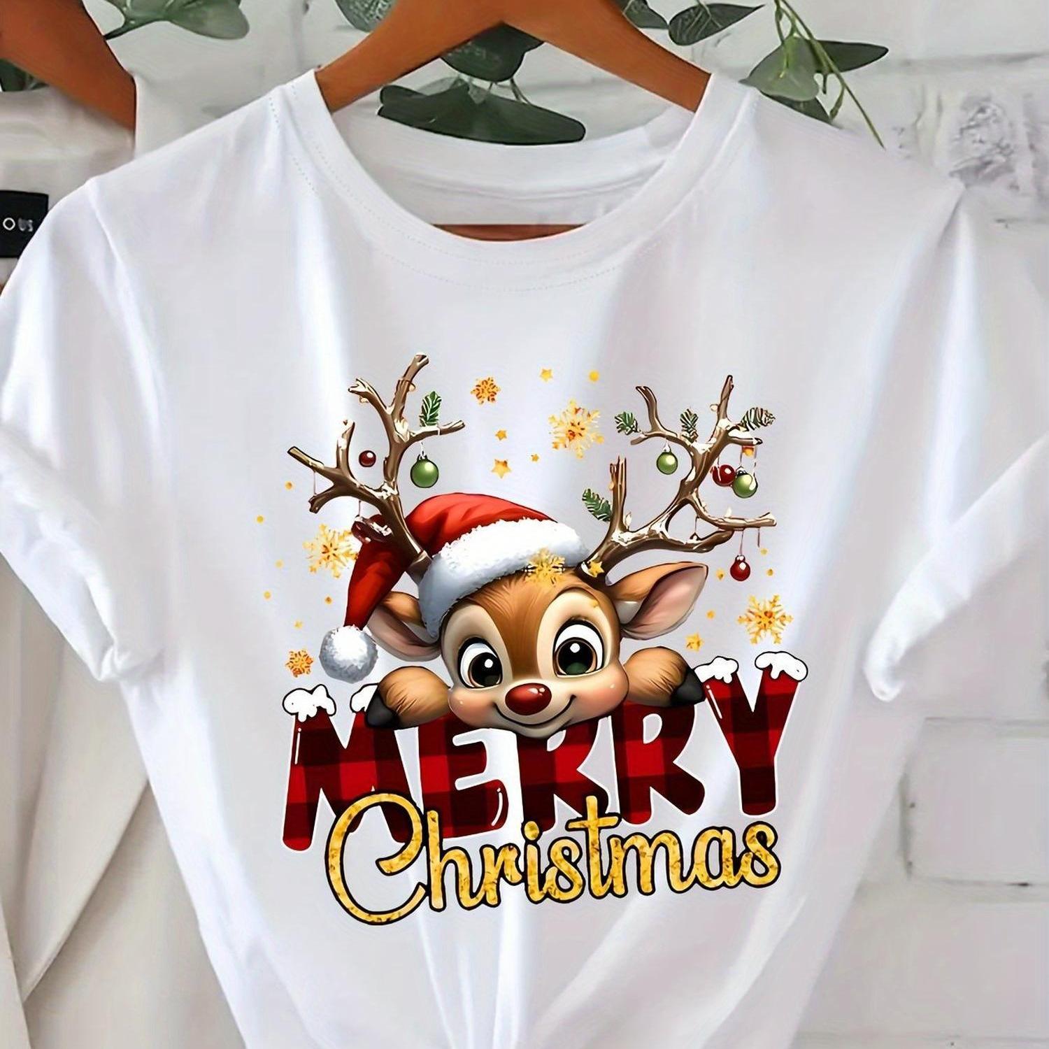 TEMU Women's 100% Christmas Reindeer T-shirt With Cute Deer & , Red/golden Lettering - Short Sleeve Crew Neck Casual Top (sizes S-2xl) For Holiday