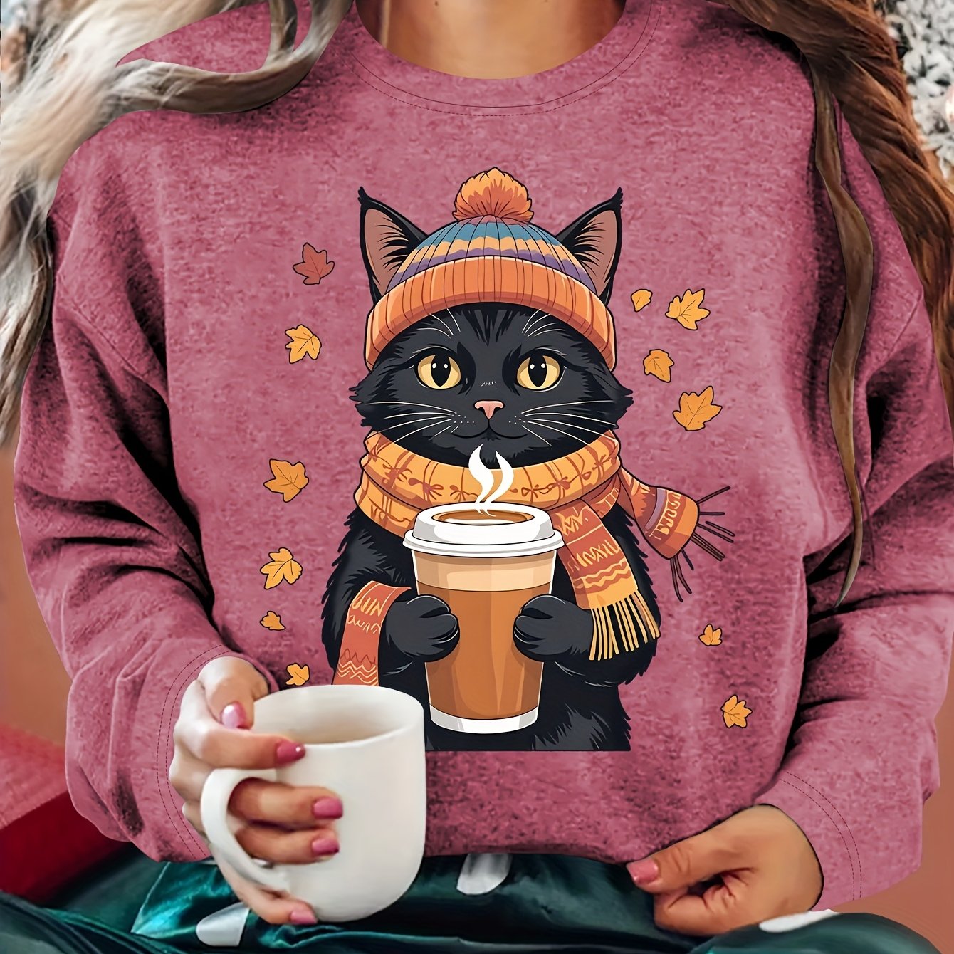 TEMU Women's Winter Clothing Autumn And Winter Atmosphere Black Cat Holding A Cup Of Hot Drink With Scattered Print Round Neck Long Sleeve T-shirt