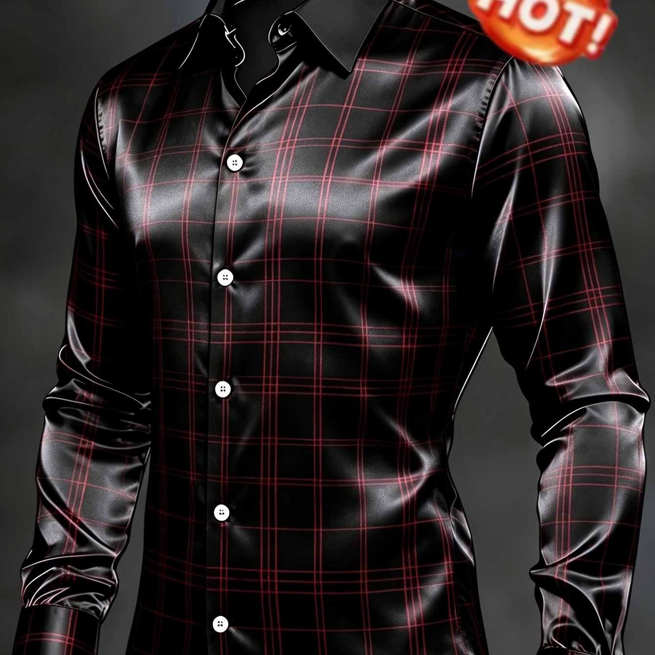 Image of Men's Black Red Shiny Long Sleeve Shirt Classic Streetwear Top