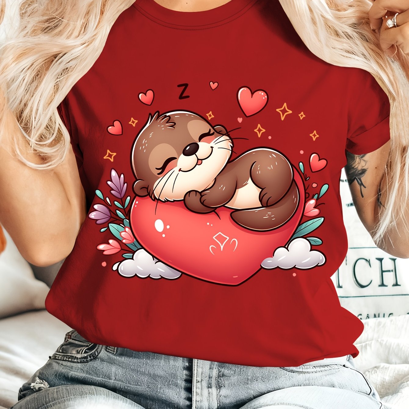 TEMU Sleeping With Red Hearts Printed Crew Neck Short Sleeve T-shirt | Comfortable, Soft, Fashionable, Elegant, Vintage Style, Suitable For , Sizes