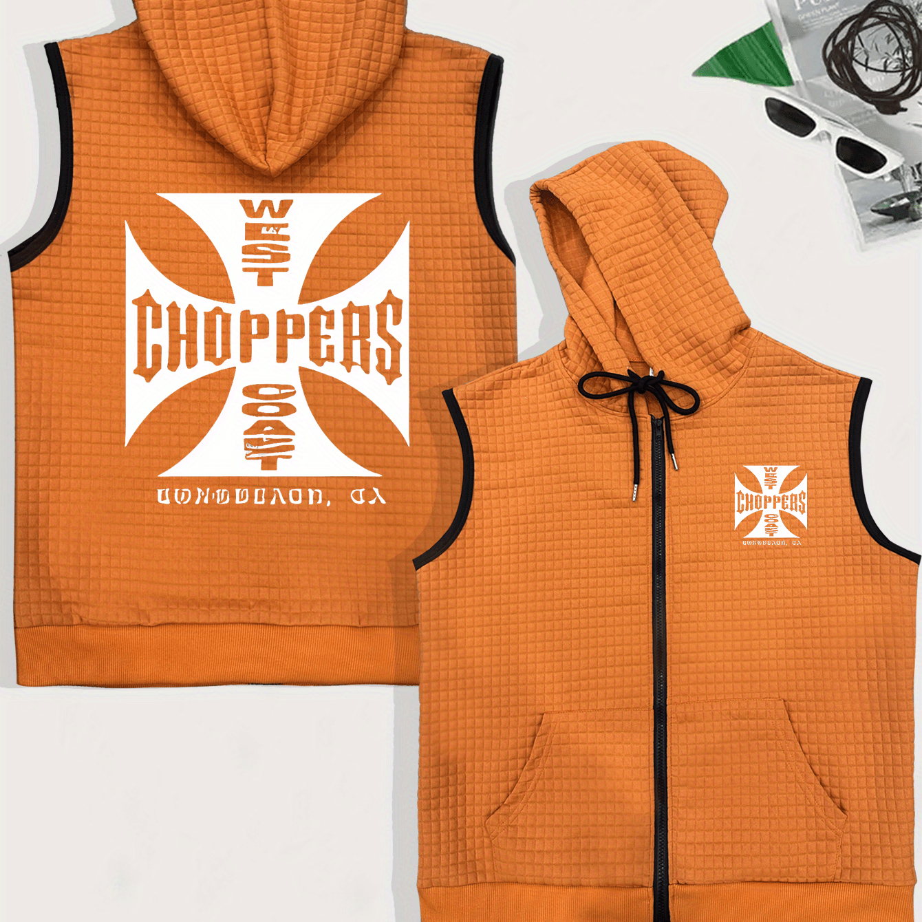TEMU Men's Orange Waffle Texture Hooded Zip-up Vest With 