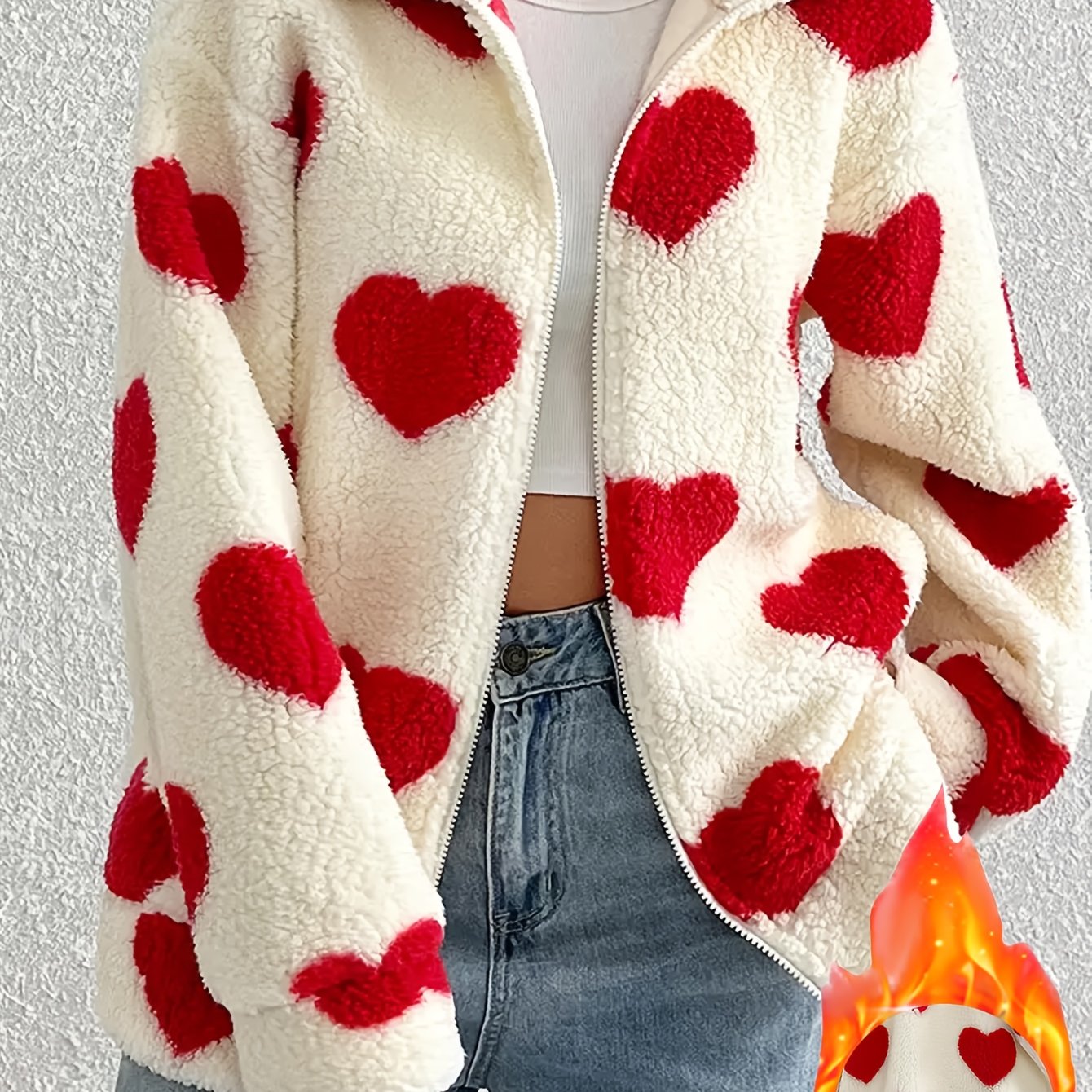TEMU Women's Winter Coat - Red Heart Print Fleece Jacket, Long Sleeve Zippered Coat, Machine Washable For Casual And Formal Occasions, Women's Warm