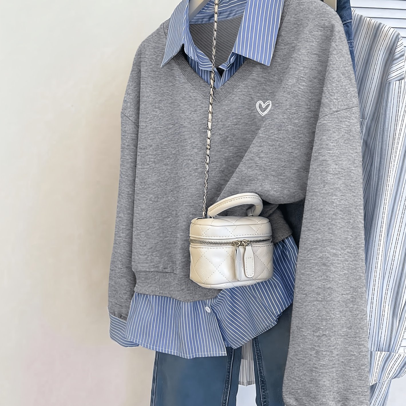 TEMU Women's Casual Fashion Solid Color Sweatshirt With Shirt Collar, 2-in-1 Shirt Collar Long Sleeve Sweatshirt
