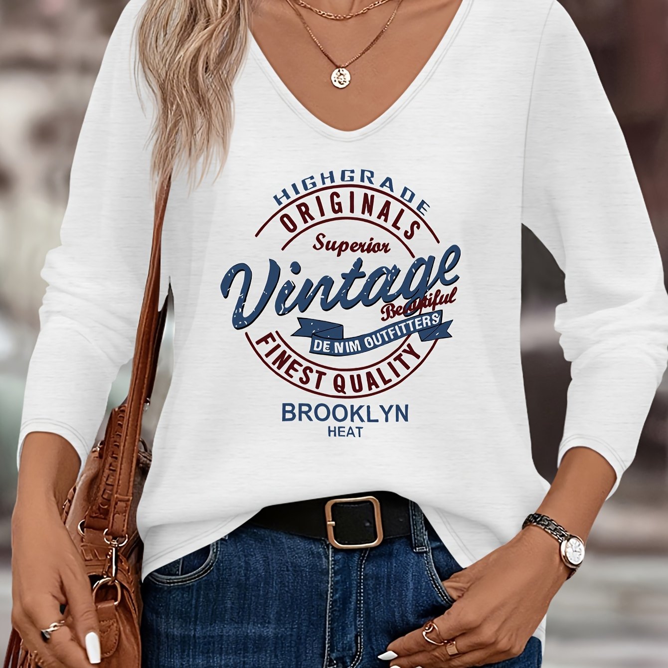 TEMU Brooklyn Vintage For European And American Women, Comfortable And Easy Casual Fashion V-neck T-shirt For Autumn And Winter