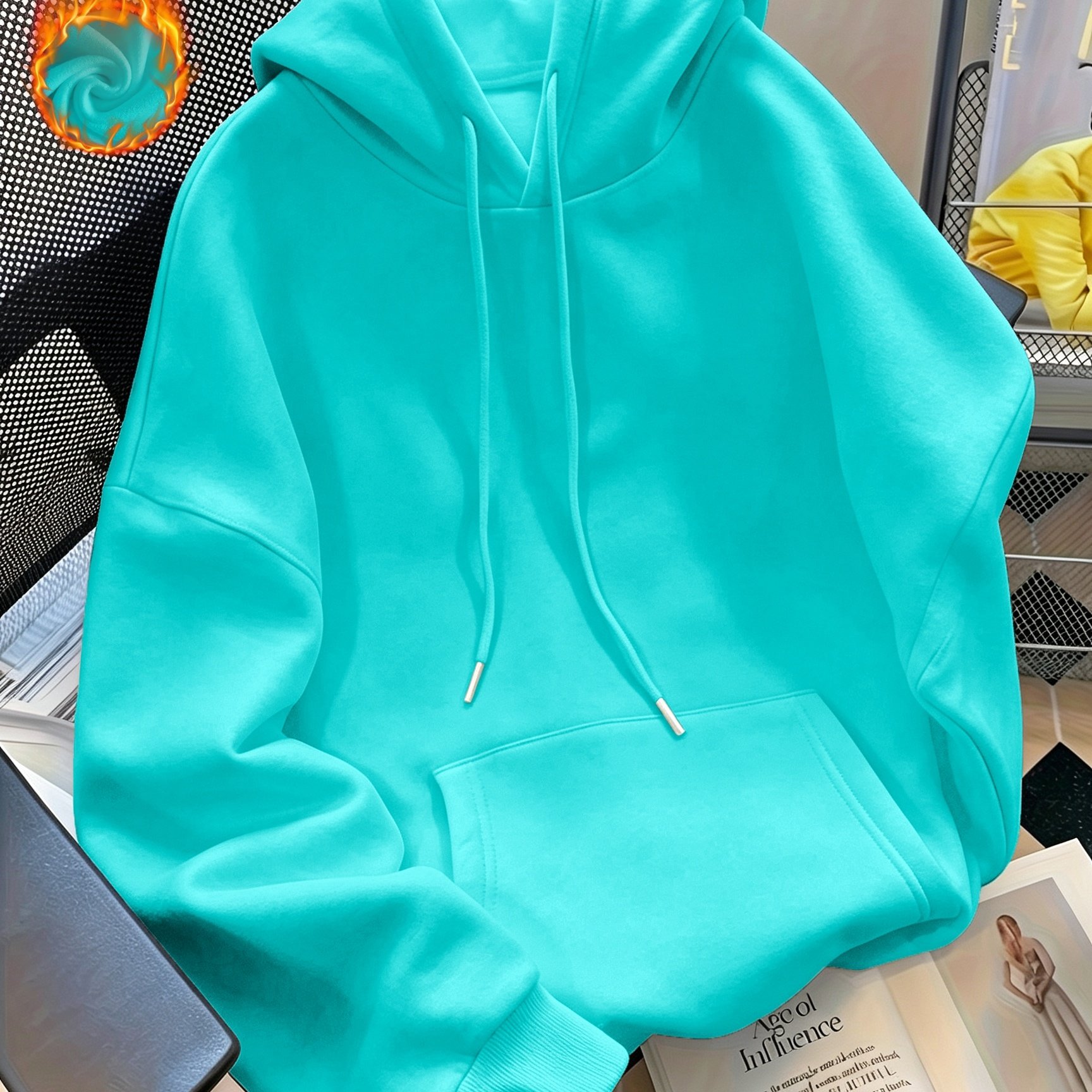 TEMU Haut à capuche tendance couleur unie, coupe , cordon de serrage, poche, polaire épaisse d'automne et d'hiver, manches longues, ample,