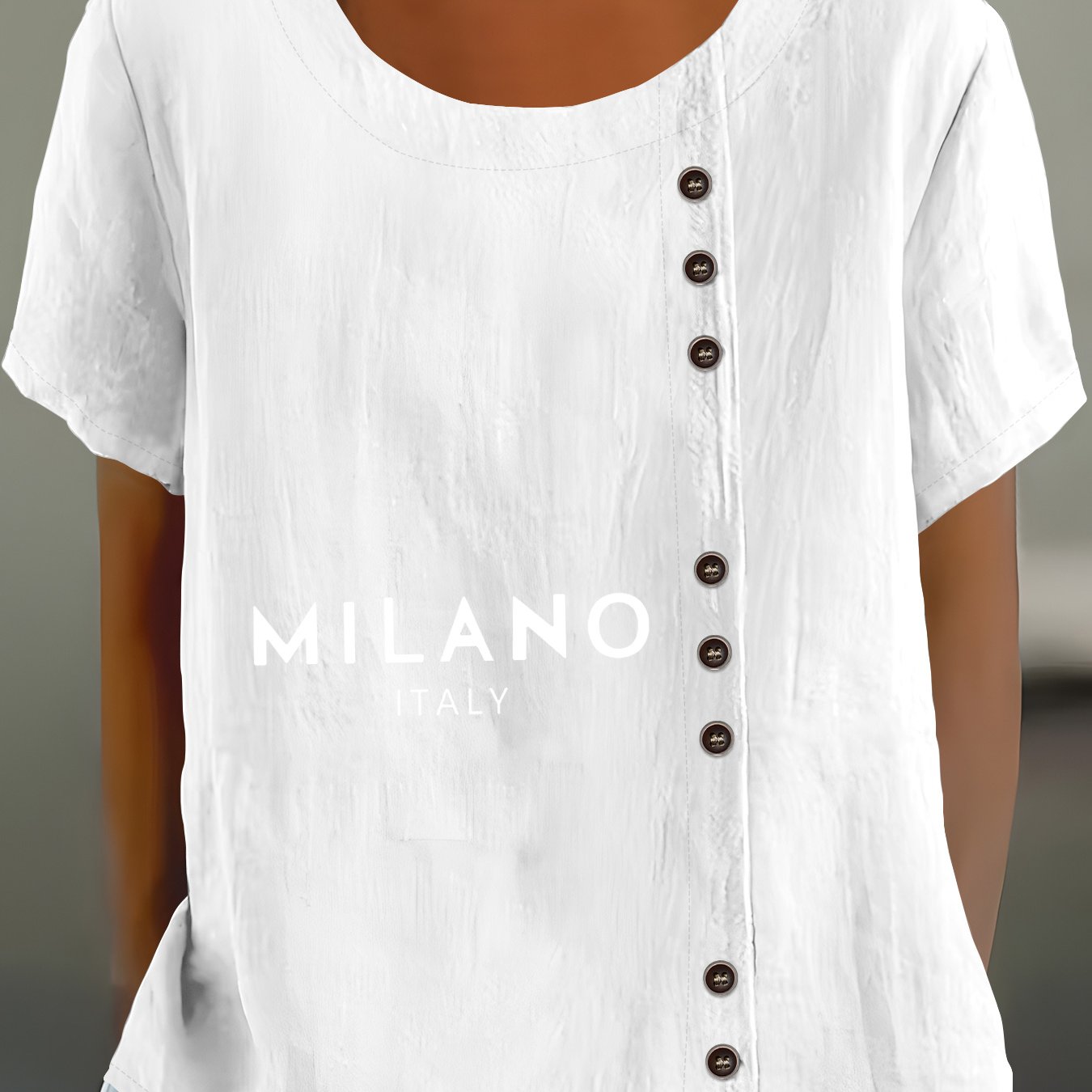 TEMU Women's Casual Comfortable Elegant Chic Printed Fake Button Round Neck Short Sleeve Shirt