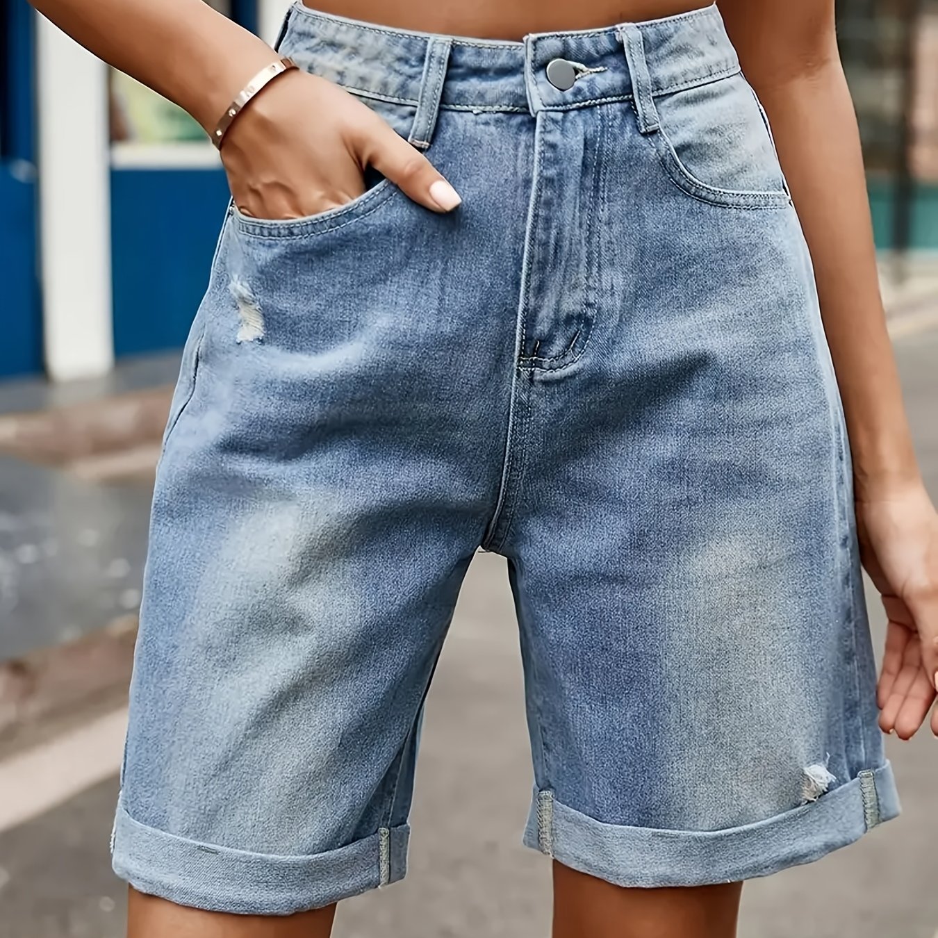 Women's High- Shorts - Mid-stretch Summer Casual Shorts With Distressed Wash, Machine Washable, Solid Color For Outdoor Activities & Casual Attire