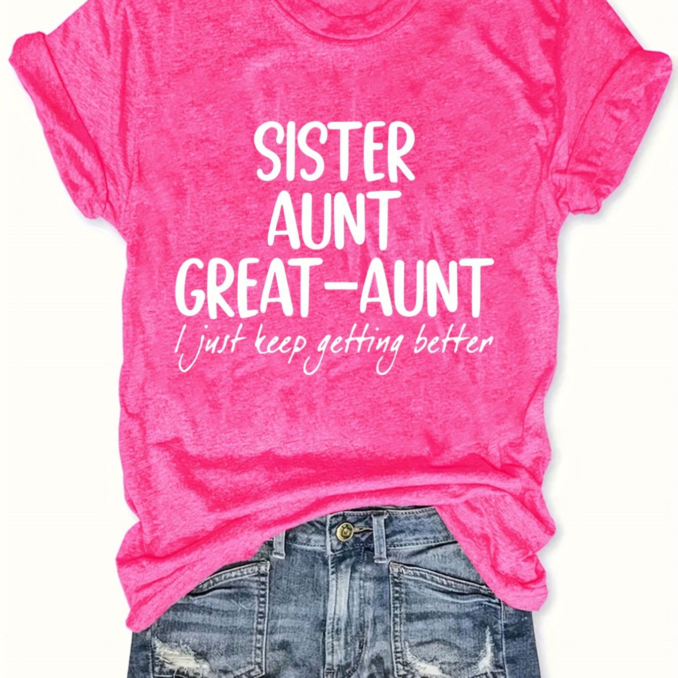 TEMU Short Sleeve Crew Neck Polyester T-shirt - Women's Casual Top With "sister Aunt Great-aunt" Letter Print Regular Length Polyester Fabric