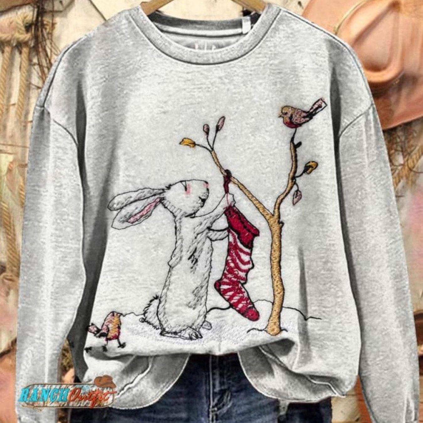 TEMU Women's Sweatshirt Retro Sketch Hand Drawn Style Rabbit Hanging Christmas Stocking Small Animal Print Christmas Theme Loose Drop Shoulder Casual