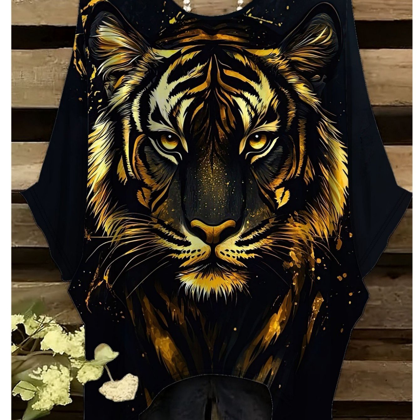TEMU Plus Size, Women's Plus Size Tiger Print T-shirt - Vintage Hong Streetwear Style Oversized Round Neck Short Sleeve Blouse-compatible Top |
