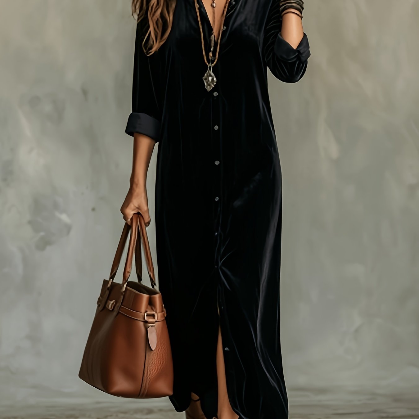 TEMU Qd260609005 Women's Elegant Velvet Single-breasted Long Sleeve Longline Shirt Dress, Tummy-control, Casual, Women's Long Sleeve Lapel Dress,
