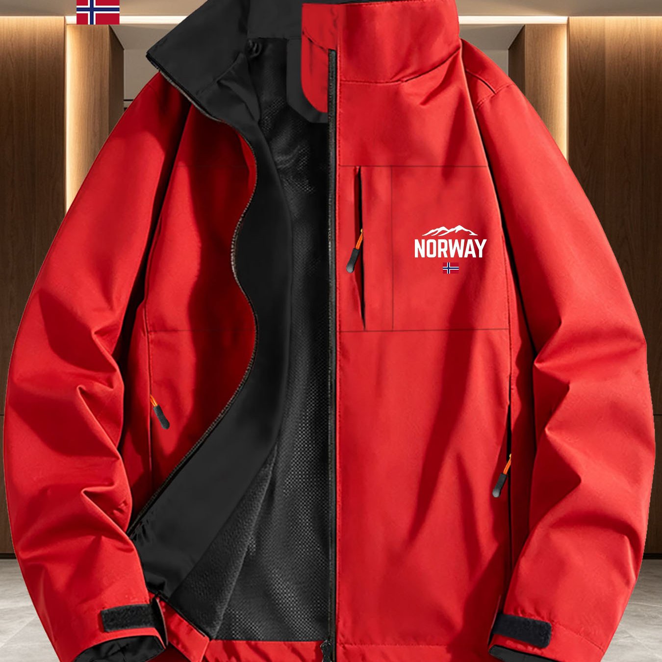 TEMU Men's Collar Windproof Jacket, Mountain Print Lightweight Windproof Outerwear, Casual Zipper Outdoor Mountaineering Windbreaker, Color-block