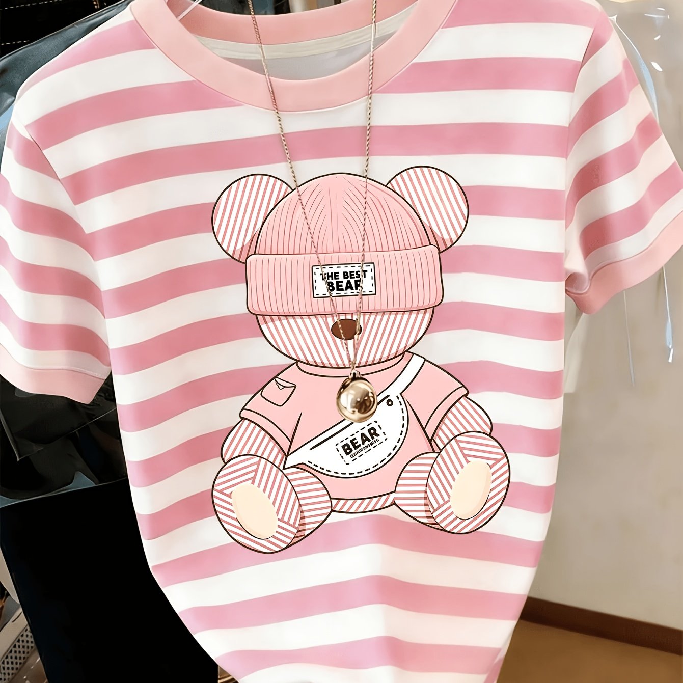 TEMU Printed Design â Not Textured: Women's Casual Striped Bear Print Crew Neck T-shirt, The Gift For Women