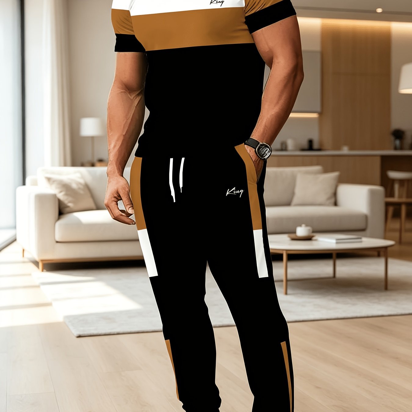 TEMU Men's Short-sleeve T-shirt & Long Pants Set, Elegant Casual Crew Neck With Stretch, Knitted , Regular Fit 2pcs Loungewear Outfit, Patterned Tee
