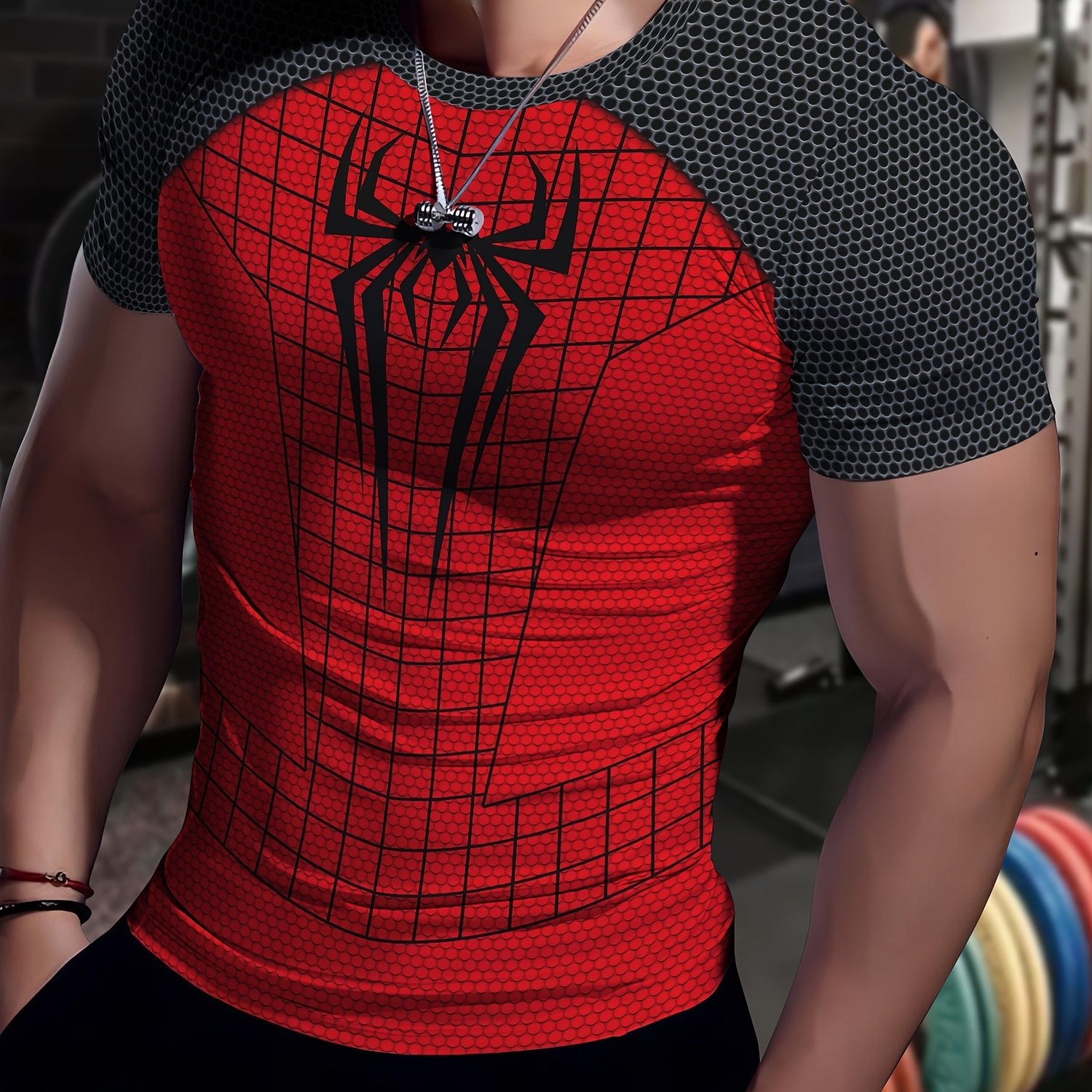 TEMU Haut de sport moulant à manches courtes pour homme avec imprimé – Pas texturé, T-shirt de base de fitness en extérieur avec imprimé araignée