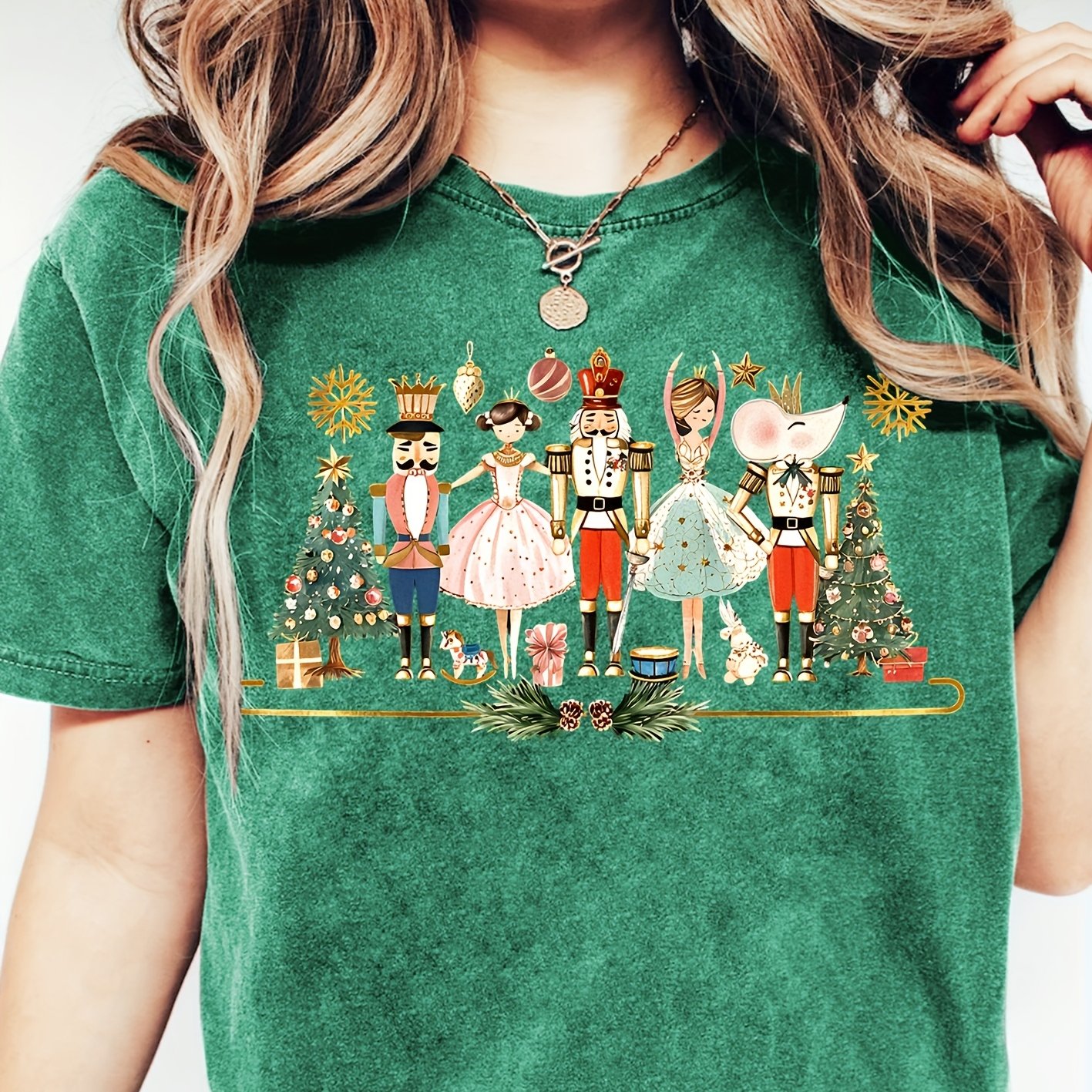 TEMU Christmas Character Scene Pattern Women's Short Sleeve T-shirt Casual Fashion Commute Daily Retro Style Autumn Leisure Fresh Cute Elegant