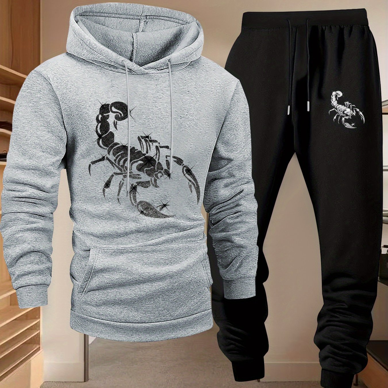 TEMU Men's Long-sleeve Hooded Sweatshirt Two-piece Set, Stylish Casual Sports Outfit With Print