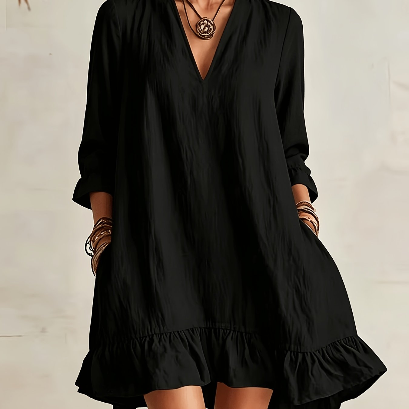 TEMU Women Spring Summer V Neck 3/4 Sleeve Loose Ruffle Dress Breathable Slim Fit Casual Dress For Daily Holiday