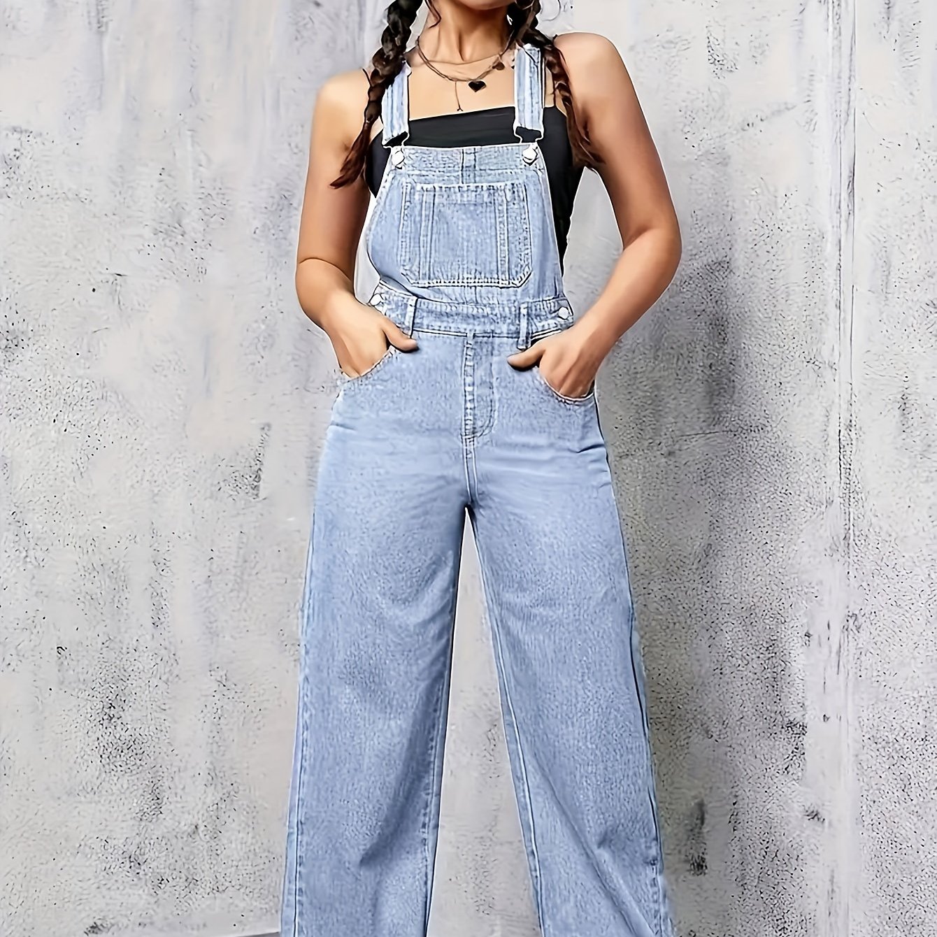 Fashion Wide Leg Denim Overalls Wide Strap Clasp Loose Denim - Temu