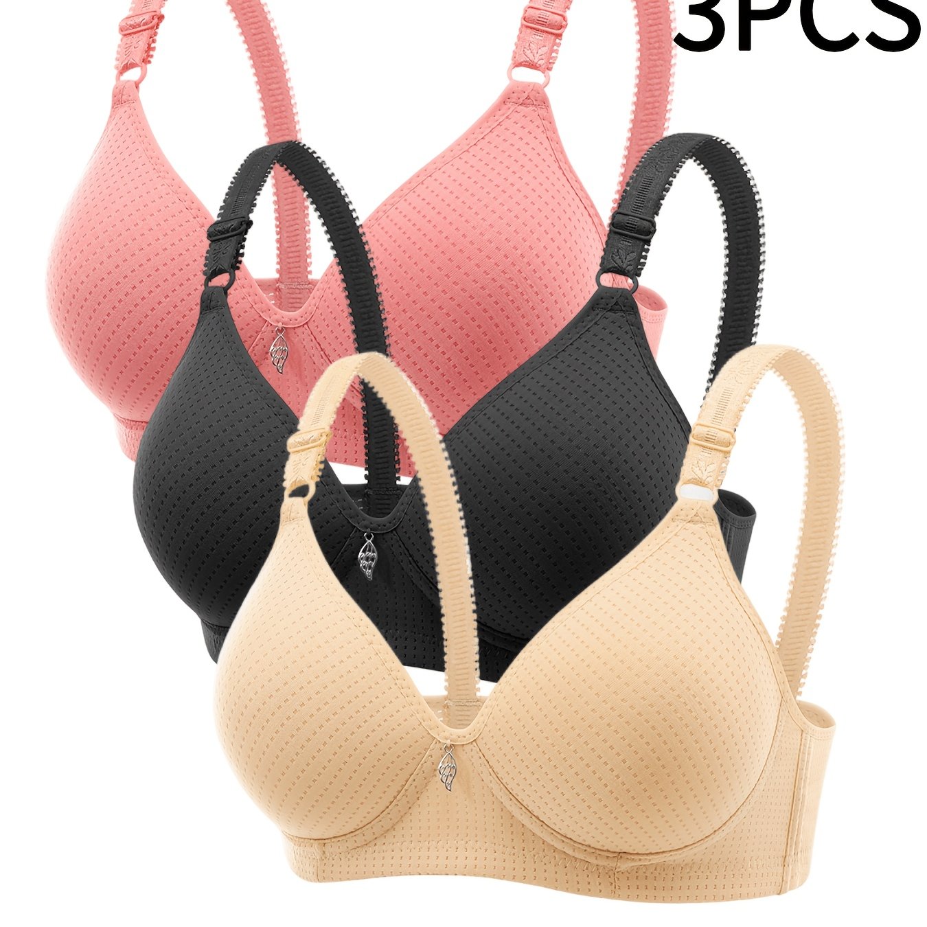 TEMU 3pcs Set Of Gathered Underwear, Soft Fixed Pad, Thin Bra, Breathable, Women's Hand Washable, Comfortable, Elastic, Anti-sagging, Elegant Bra