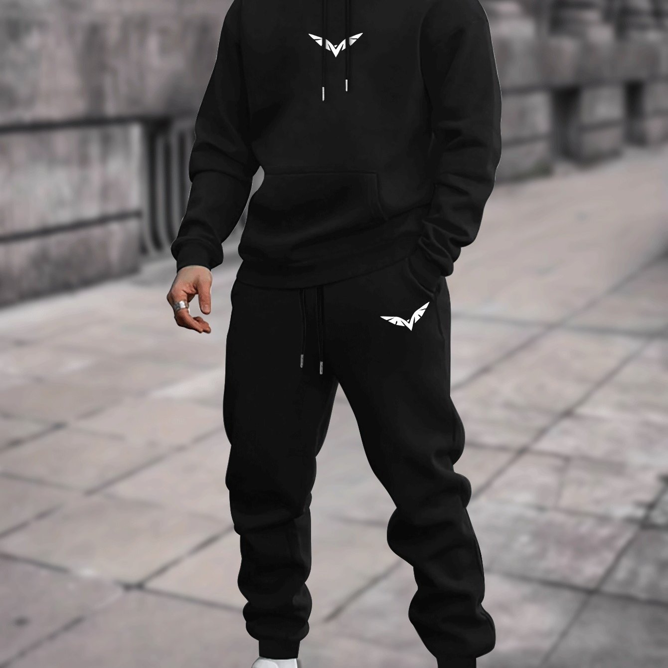 TEMU Men's Hooded Sweatshirt And Sweatpants 2pcs Set, Niche Minimalist Geometric Winged Small Logo Print, Loose Long-sleeve Hoodie Top And Drawstring