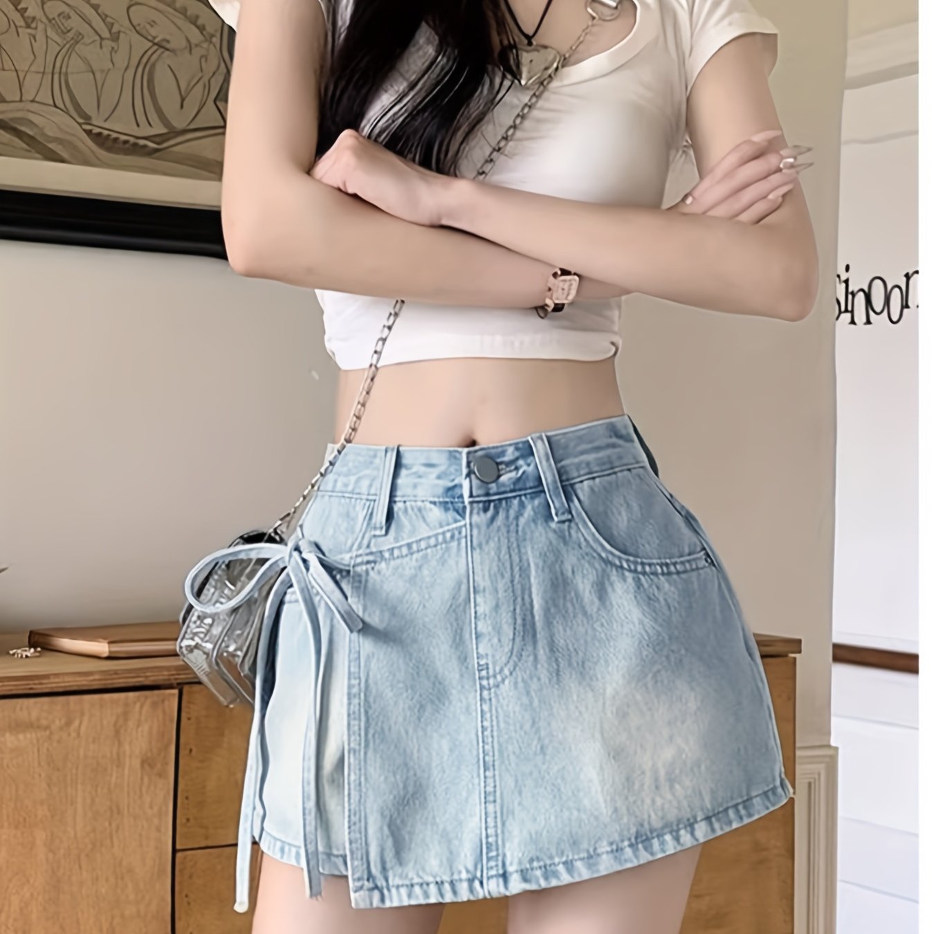 TEMU 春夏用 フェイクツーウェイデニムショートパンツ カジュアルショーツ ハイウエスト＆タイデザイン