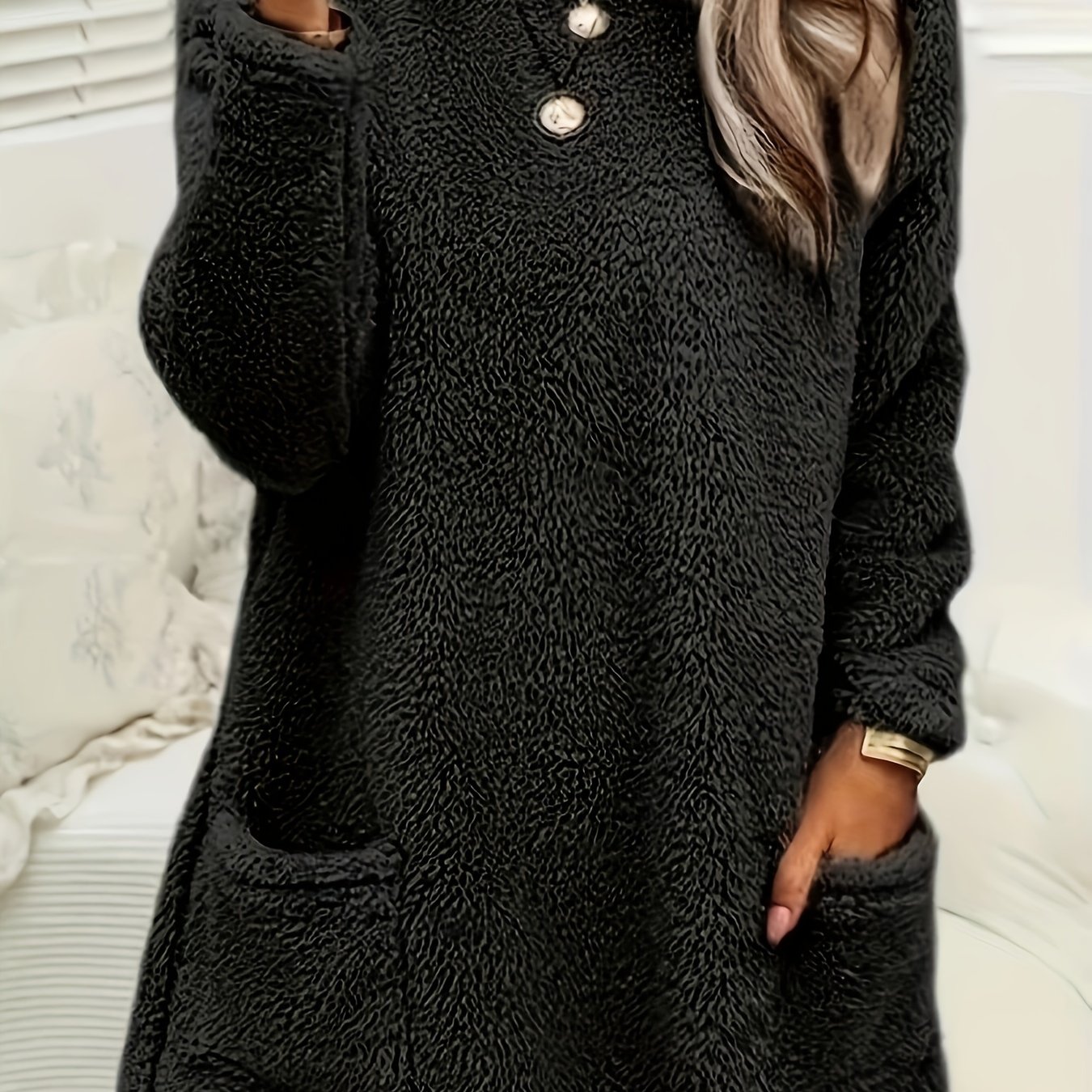 New Autumn Women's Casual Plush Comfortable Pocket Crewneck Pullover Warm Solid Color Long Sleeve Sweatshirt