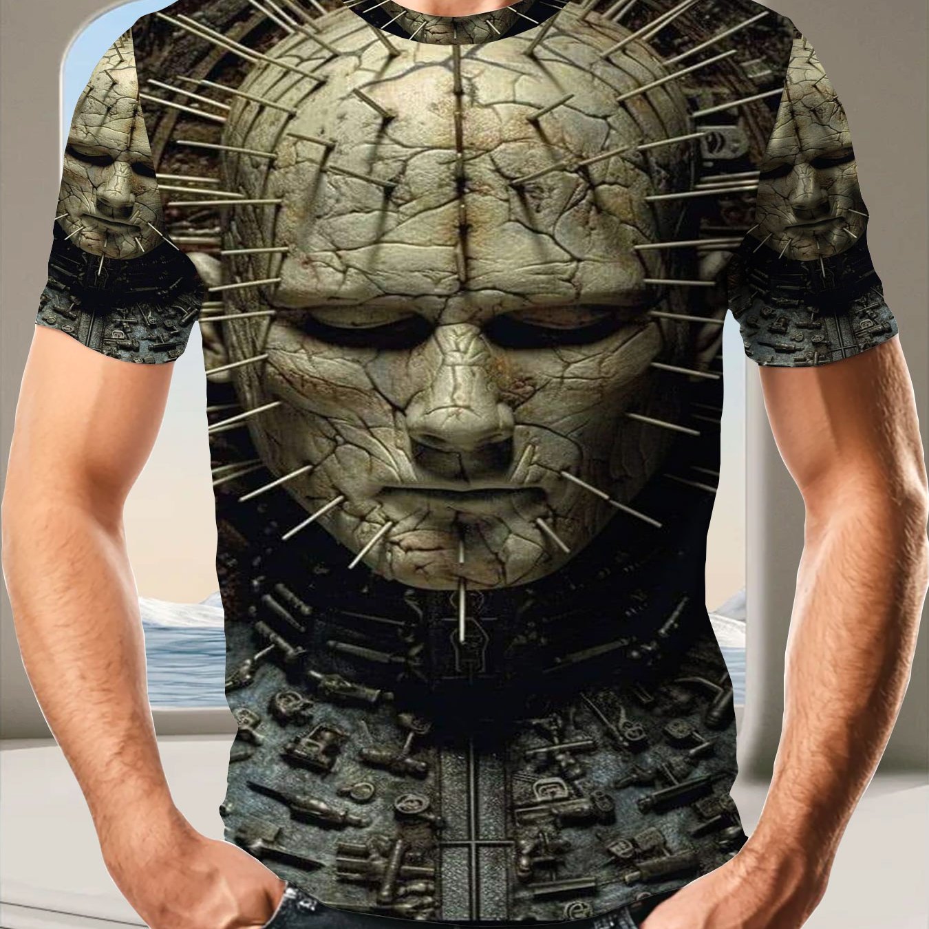 TEMU Men's 3d Polyester T-shirt With Spiked Cracked Head Graphic, Crew Neck Short Sleeve Top, Unique Print, Soft Breathable Fabric, Casual Streetwear