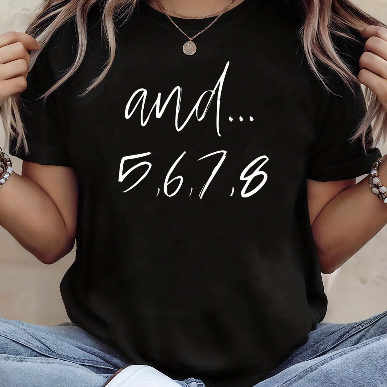 TEMU Women's Dance T-shirt With Numbered Beat Print - Stretchy Short Sleeve Top Suitable For Dance Practice, Performances & Casual Wear, Minimalist