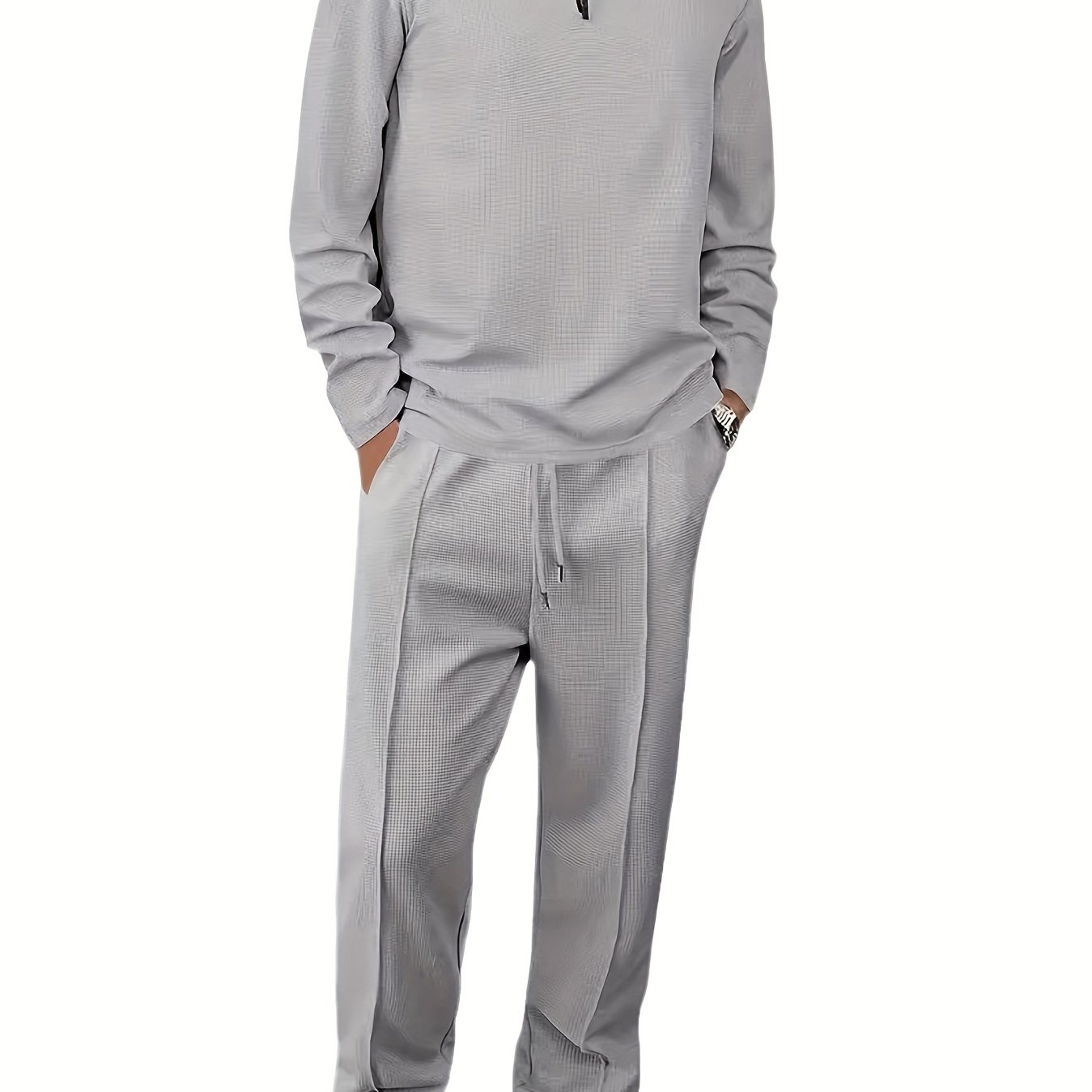 TEMU 's Spring And Autumn Waffle Long Sleeve Pants Sports And Leisure Set, Comfortable And Breathable Fabric, Suitable For And Leisure Activities