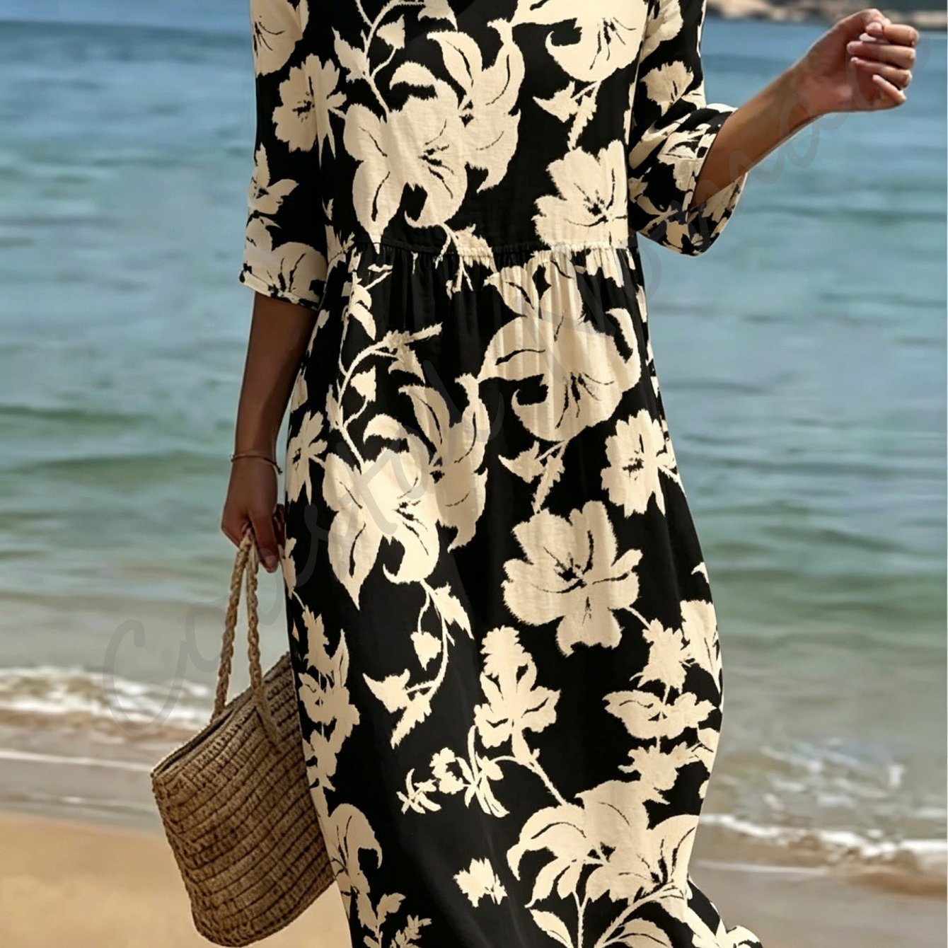 Women's Summer Beach Dress, Round Neck And Three-quarter Sleeves, Made Of Breathable And Skin-friendly Fabric, Loose And Comfortable, Floral Print, Elegant And Gentle