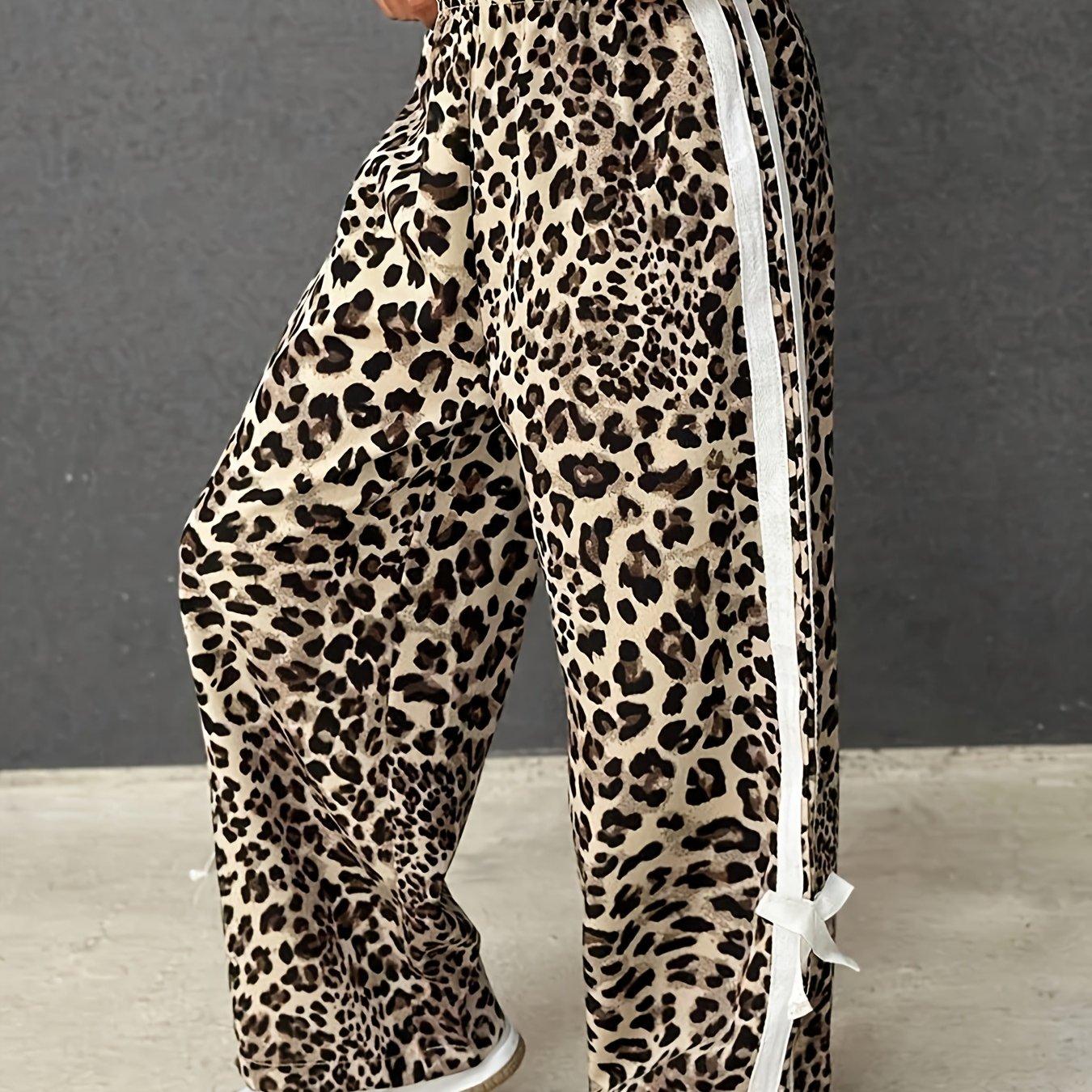 Girls' Casual Versatile Commuter Sport Leopard Print White Contrast Ribbon Bow Loose Straight-leg Pants For Medium To Large Kids, Perfect For Outdoor, Tween Girl Clothes,y2k Clothes
