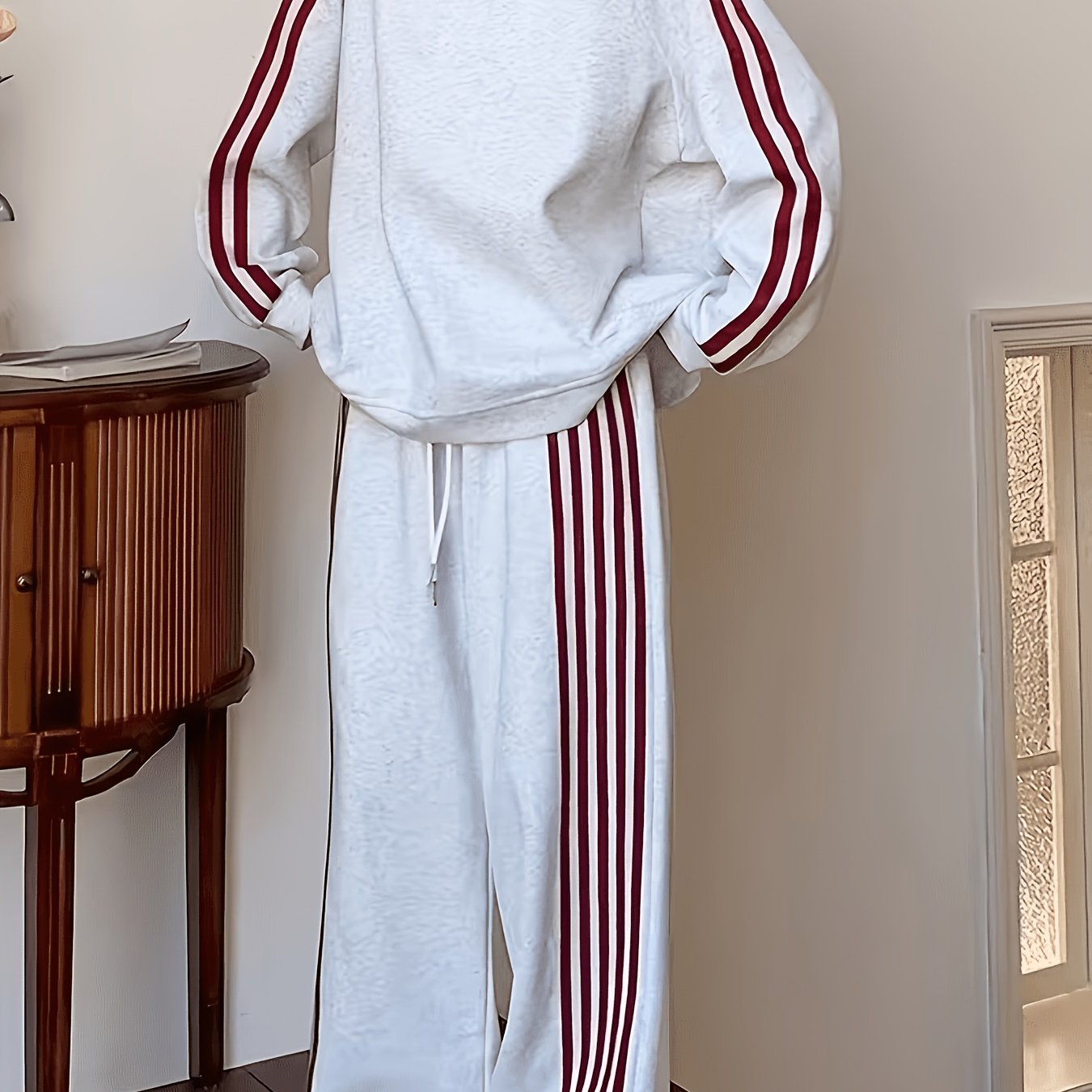 TEMU Women's 2pcs Loungewear Set, 2026 New Autumn/winter Academic Style Casual Swear Set, Loose Striped Fit, Fashionable Design, -like , Comfortable