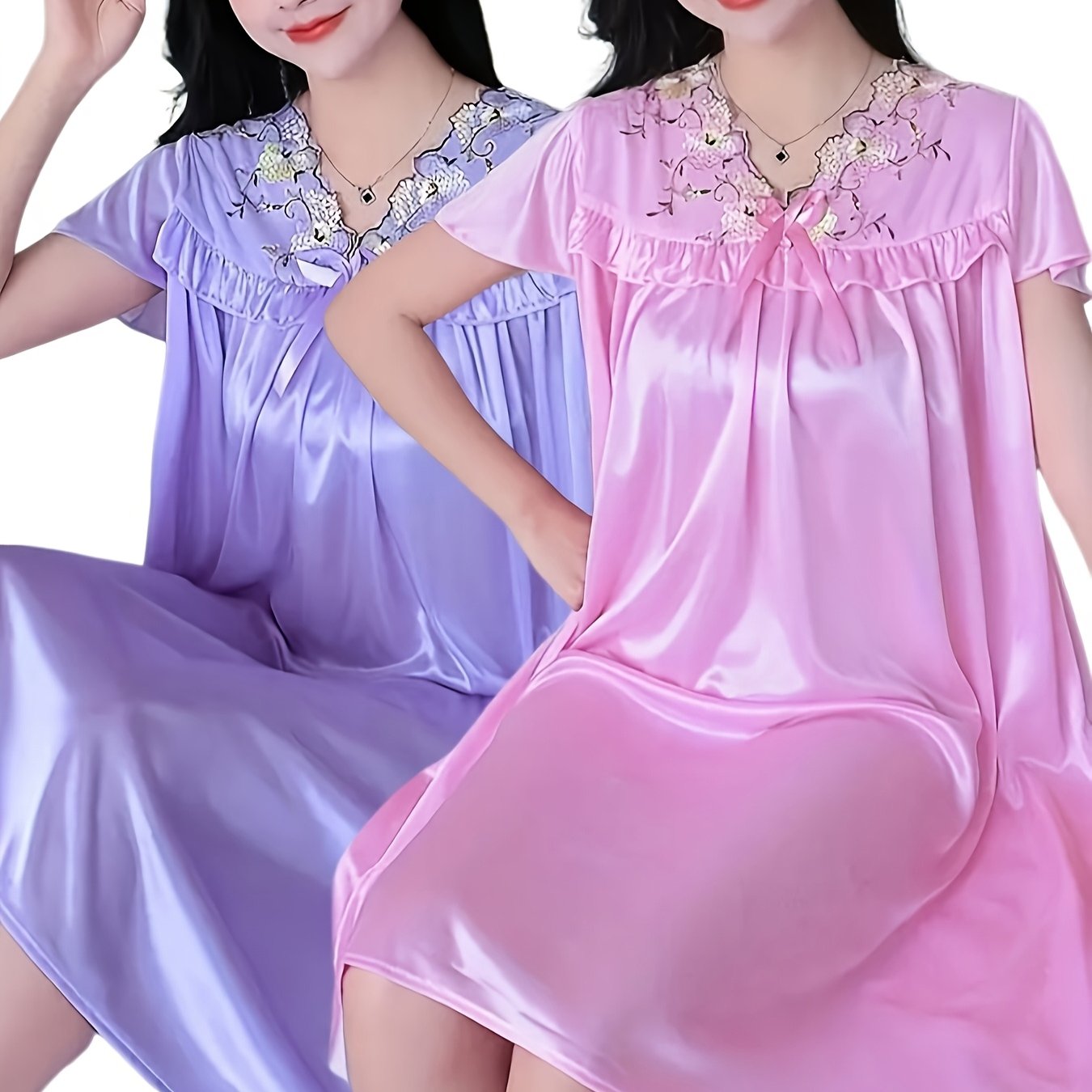 TEMU Summer Sleepwear 2 Pack Womens Nightgowns - V Neck Lace Trim Lightweight Semi Sheer Polyester Hem Machine Washable