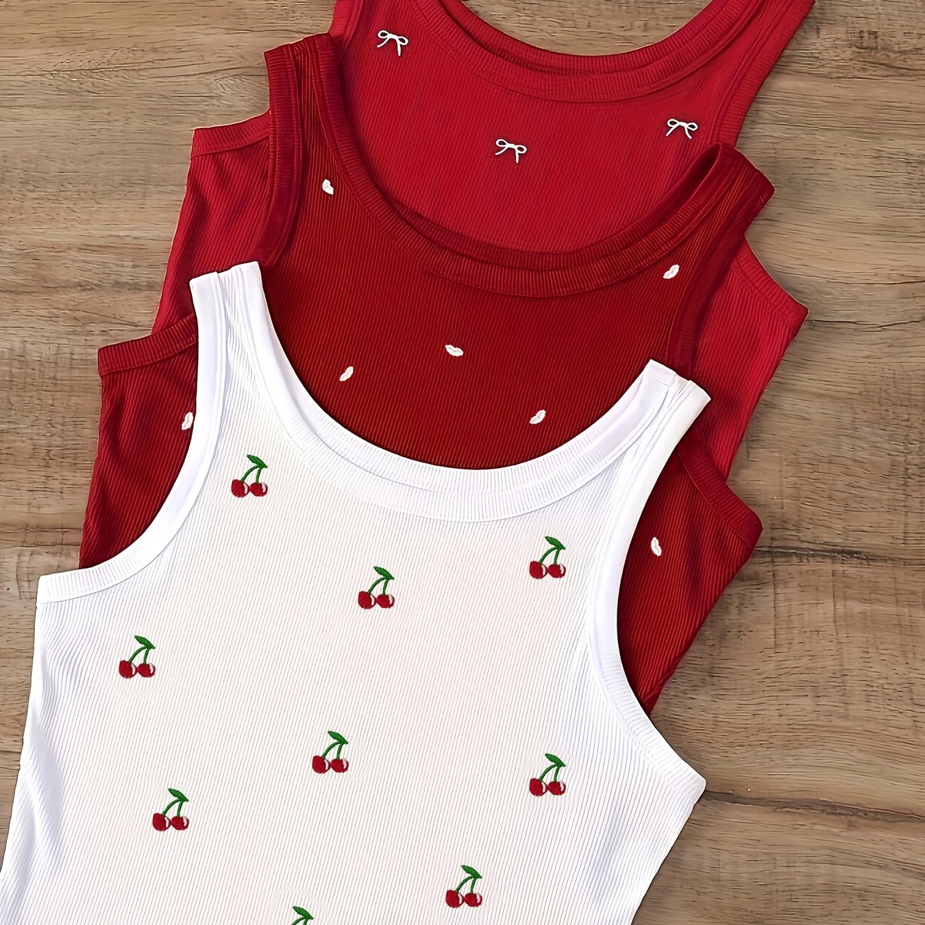 Image of Women's Cherry Bow Heart Embroidered Cropped Tank Top Graphic Tees Women Tops